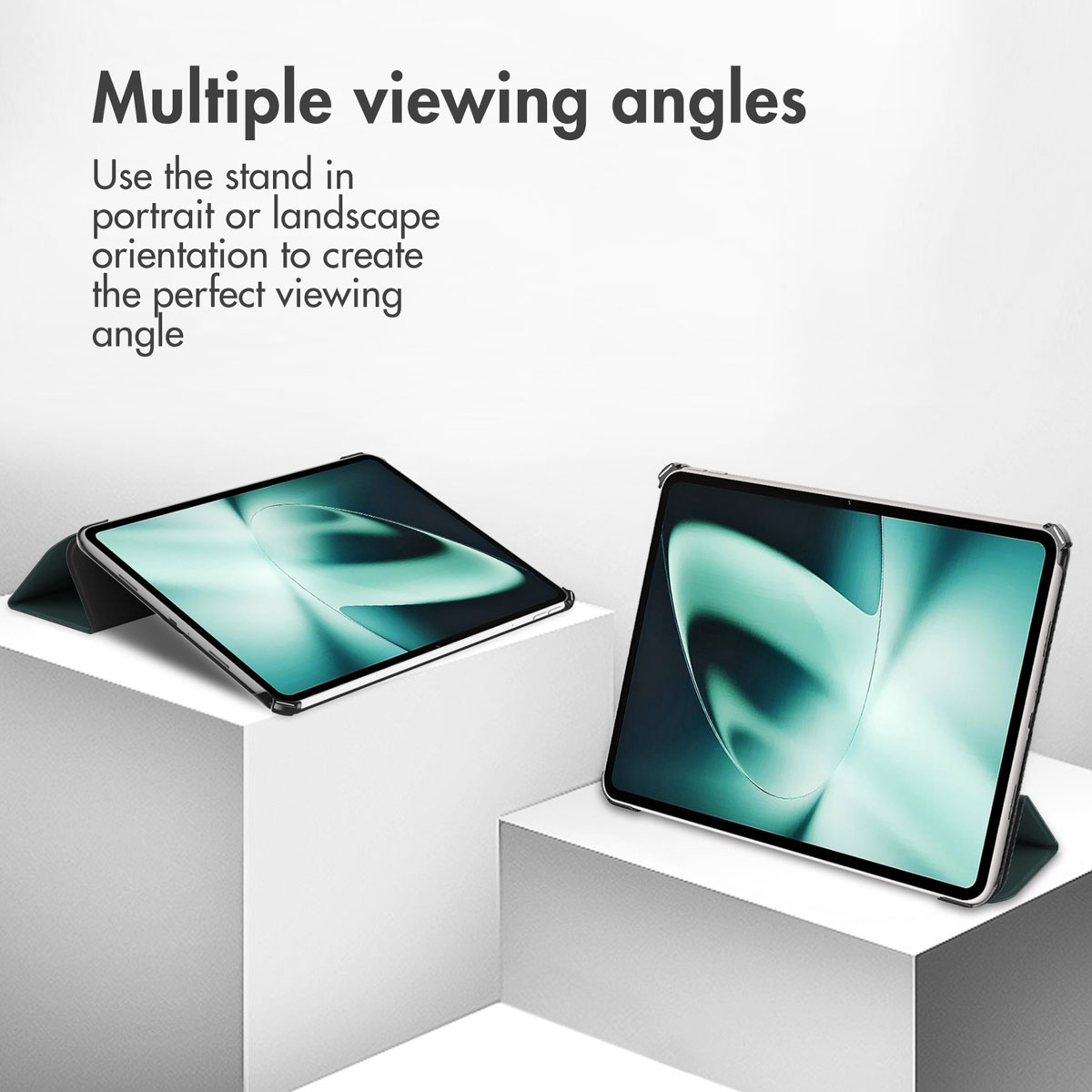 Deux tablettes à écran vert sur des socles blancs montrent plusieurs angles de vue.