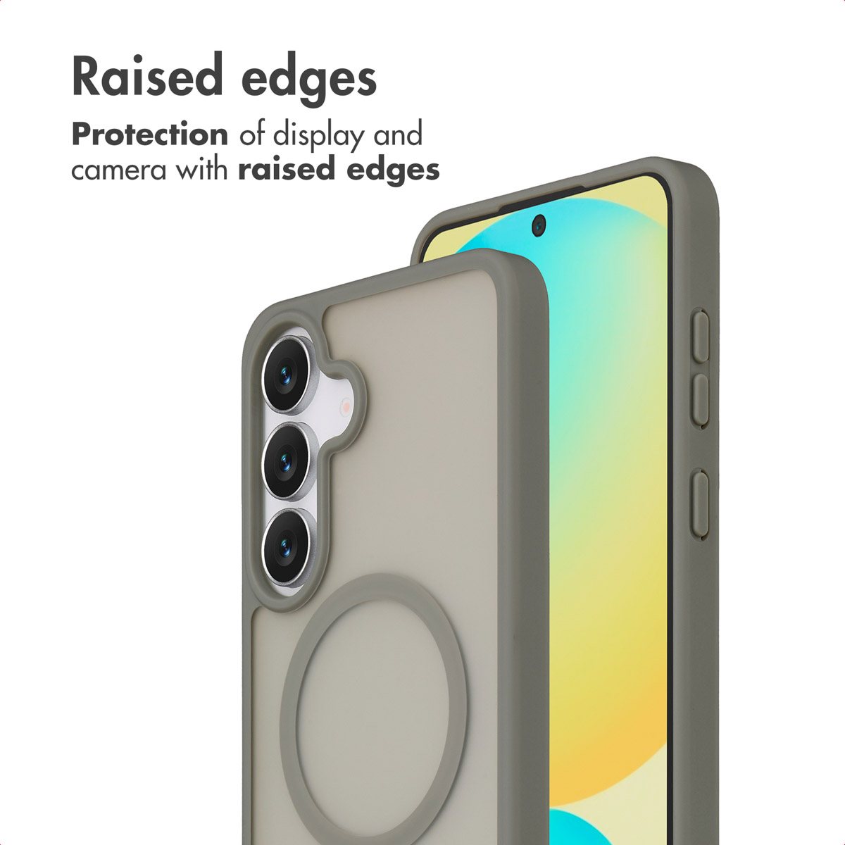 Grijs smartphonehoesje met verhoogde randen ter bescherming van scherm en camera.