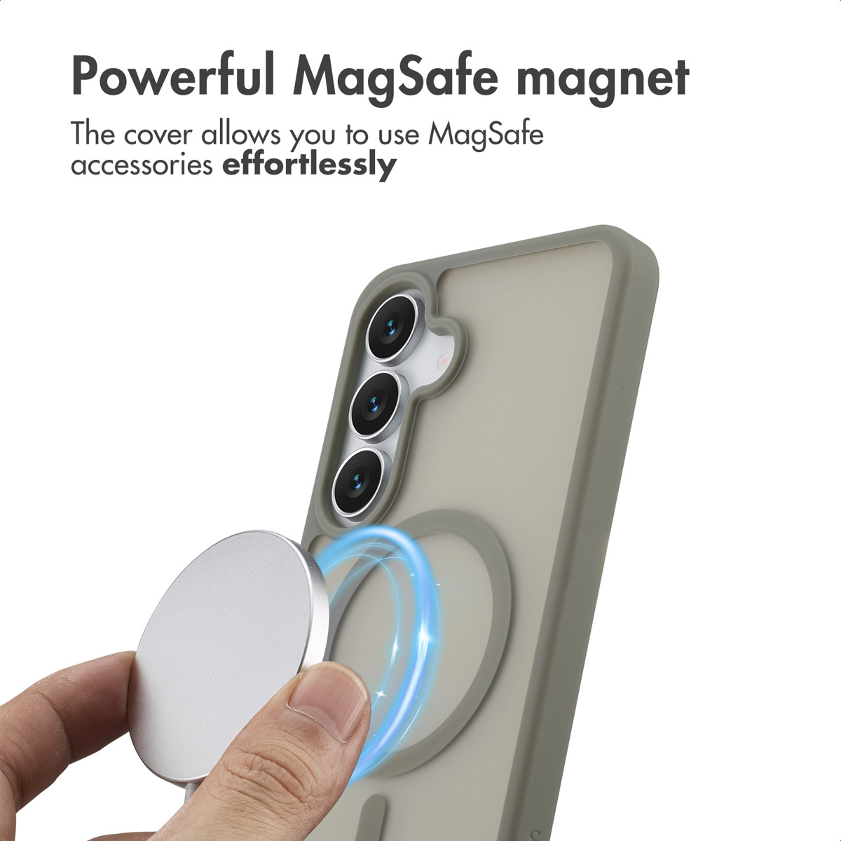 Telefoonhoesje met MagSafe-magneet en tekst over krachtige magneet.