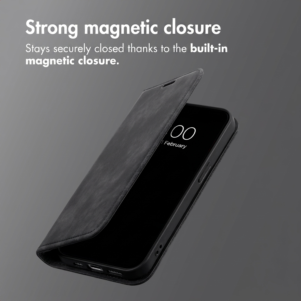 Een zwarte smartphone met een gesloten flipcover en sterke magnetische sluiting.
