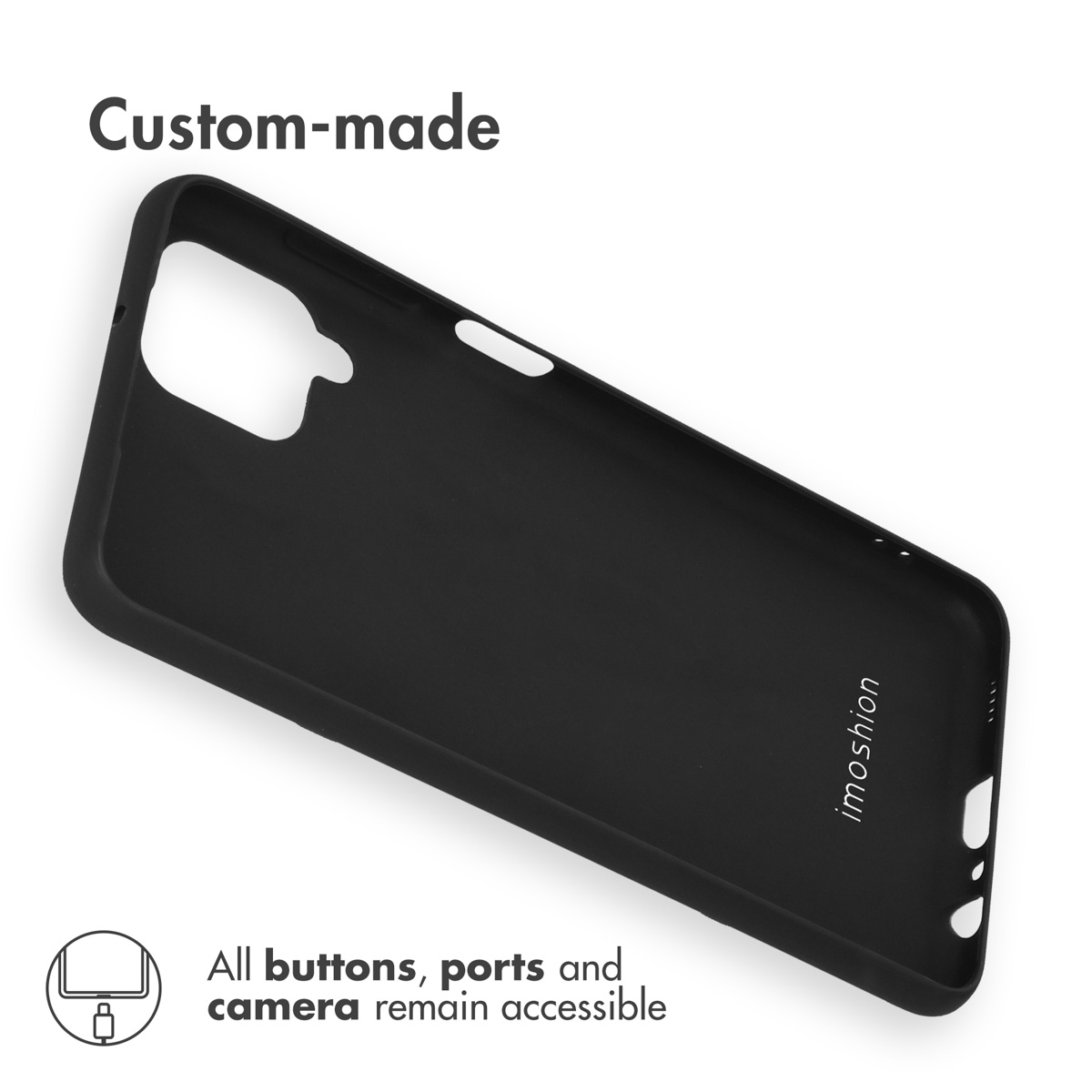 Coque de téléphone noire sur mesure avec ports et caméra accessibles.