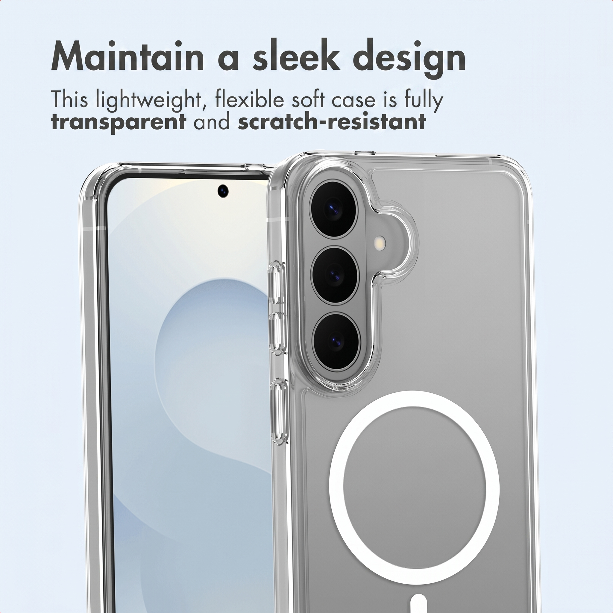 Coque de téléphone transparente avec anneau MagSafe et triple appareil photo sur fond clair.