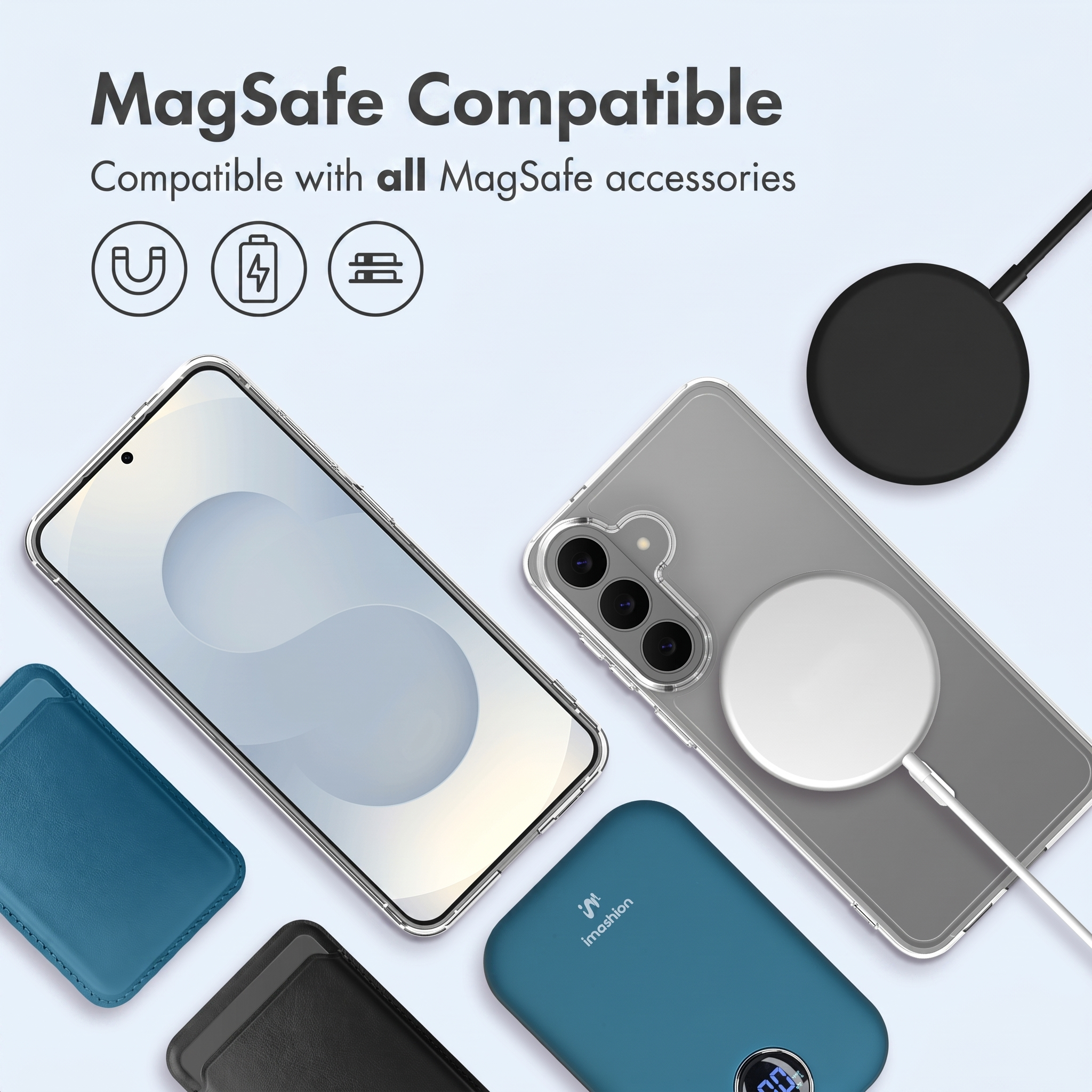 Smartphone compatible MagSafe avec coque, chargeur et accessoires bleus et noirs sur fond clair.