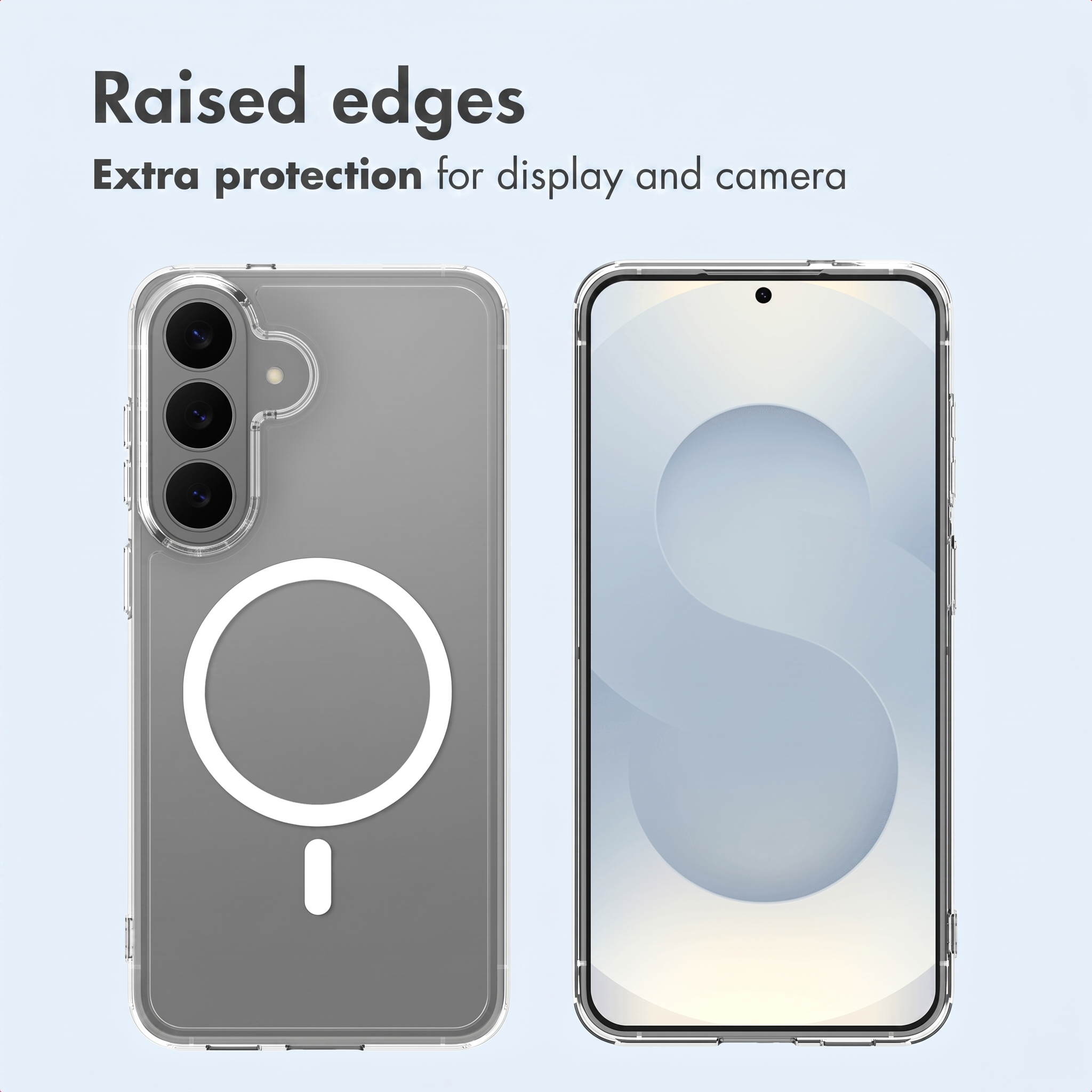 Coque transparente avec anneau MagSafe, vues avant et arrière, texte du haut sur la protection.