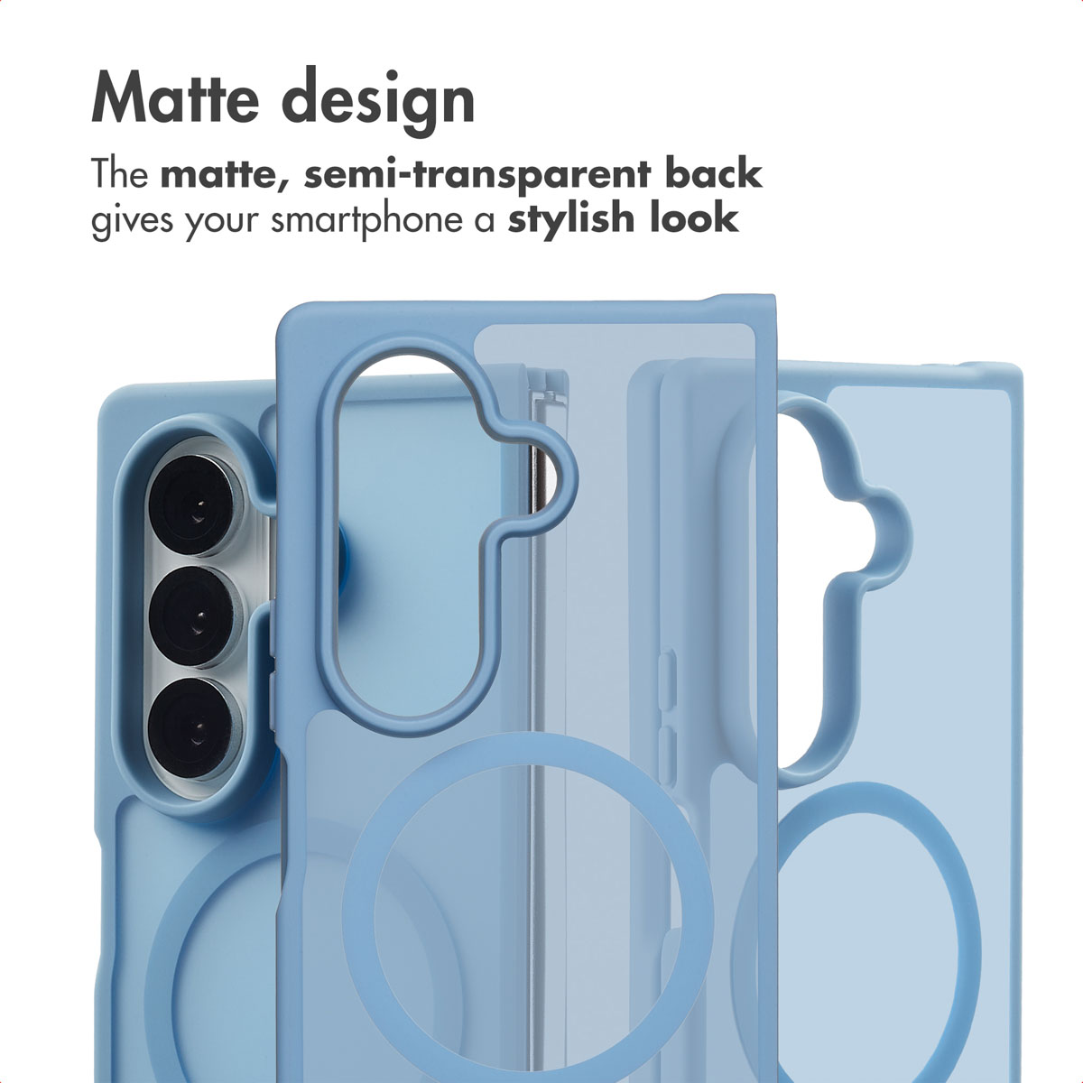 Custodia protettiva blu, opaca e semi-trasparente per uno smartphone con fotocamere multiple.