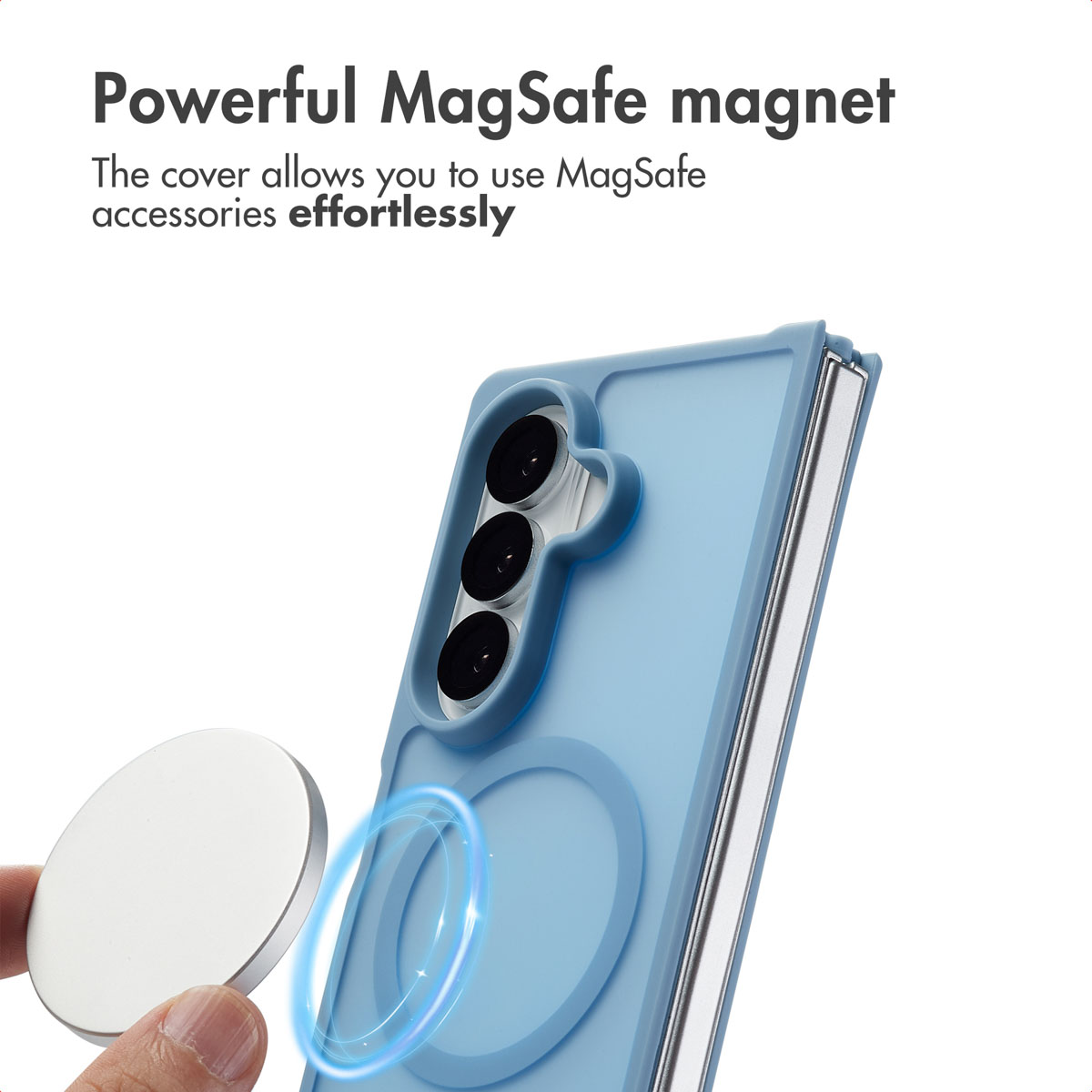 Custodia per telefono blu con compatibilità MagSafe e disco magnetico.