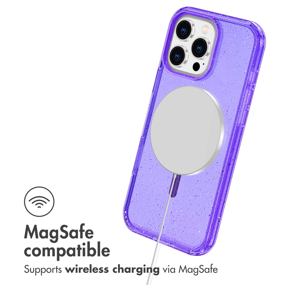 Purple phone case with MagSafe charger attached and the text MagSafe compatible.
