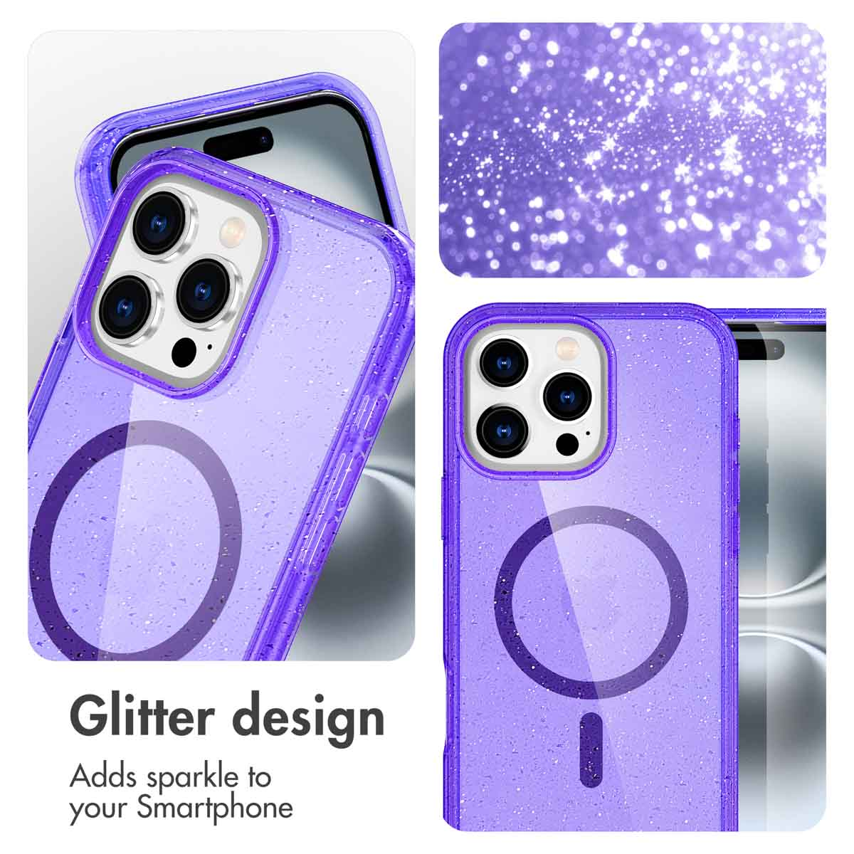 A purple glitter smartphone case with a circular MagSafe ring on the back and a triple camera setup.