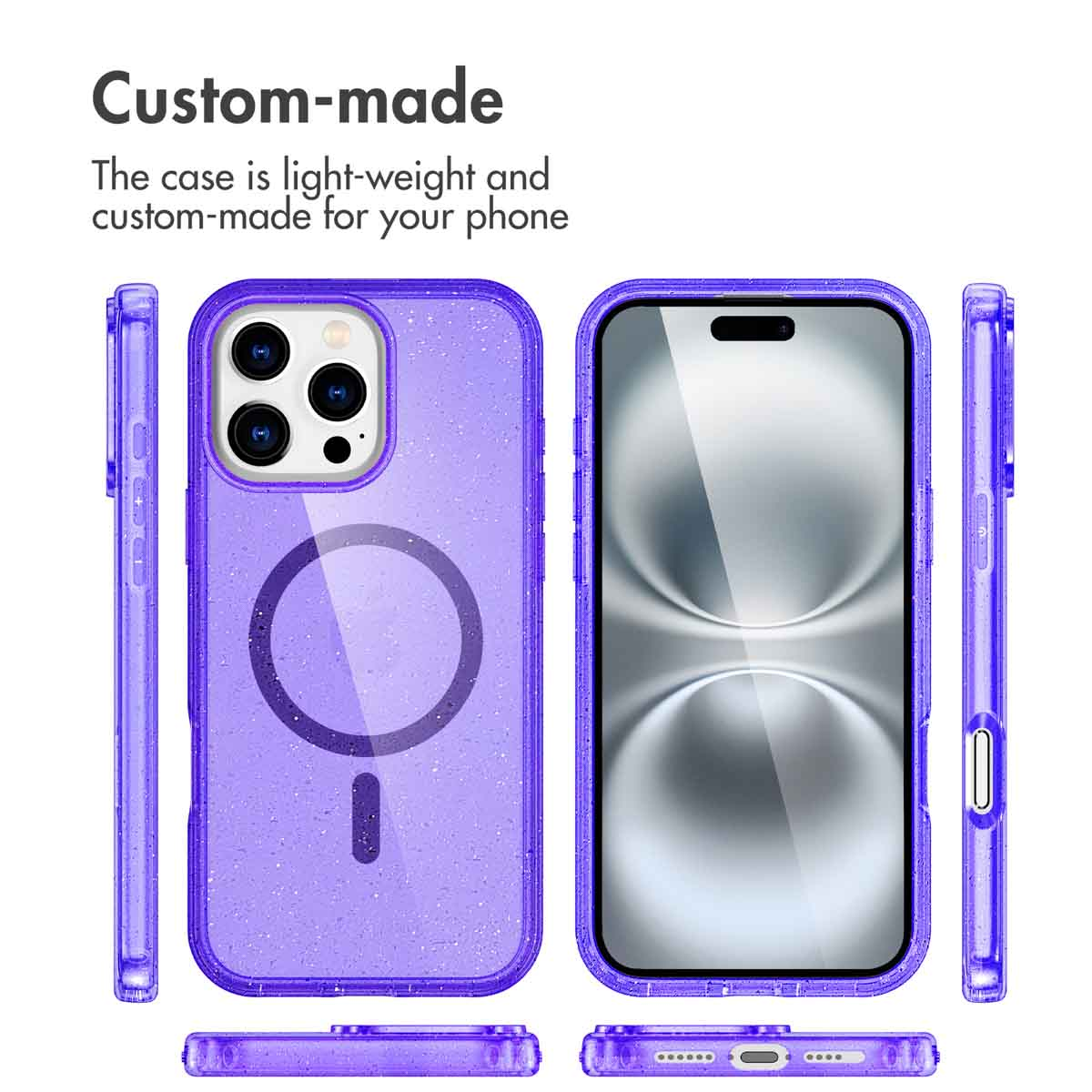 A light-weight, custom-made purple sparkly phone case shown from multiple angles with a smartphone.