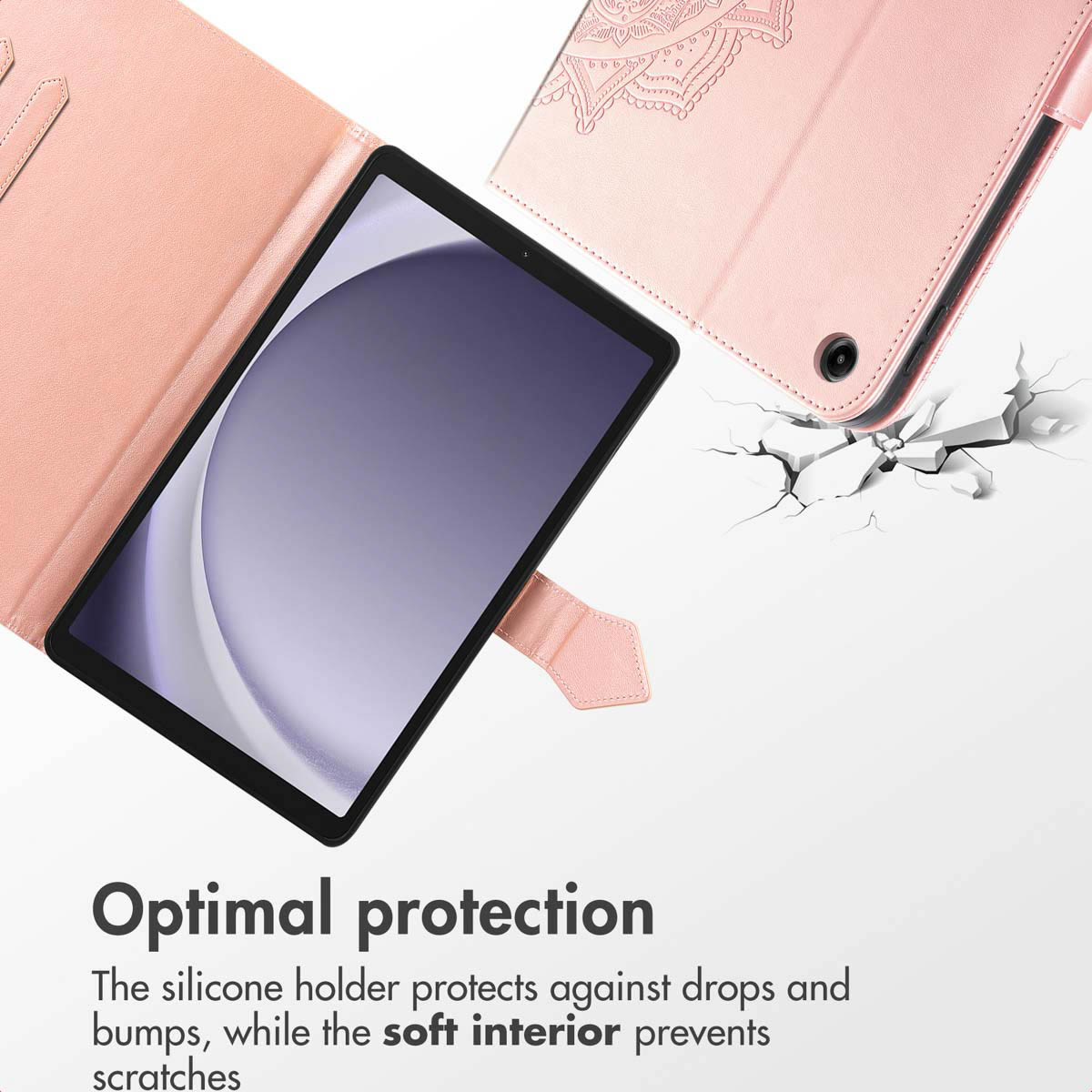 Un étui de tablette rose avec un motif mandala, ouvert et fermé, soulignant la protection.
