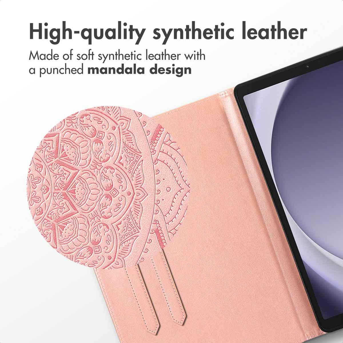Étui pour tablette en cuir synthétique rose avec motif mandala.