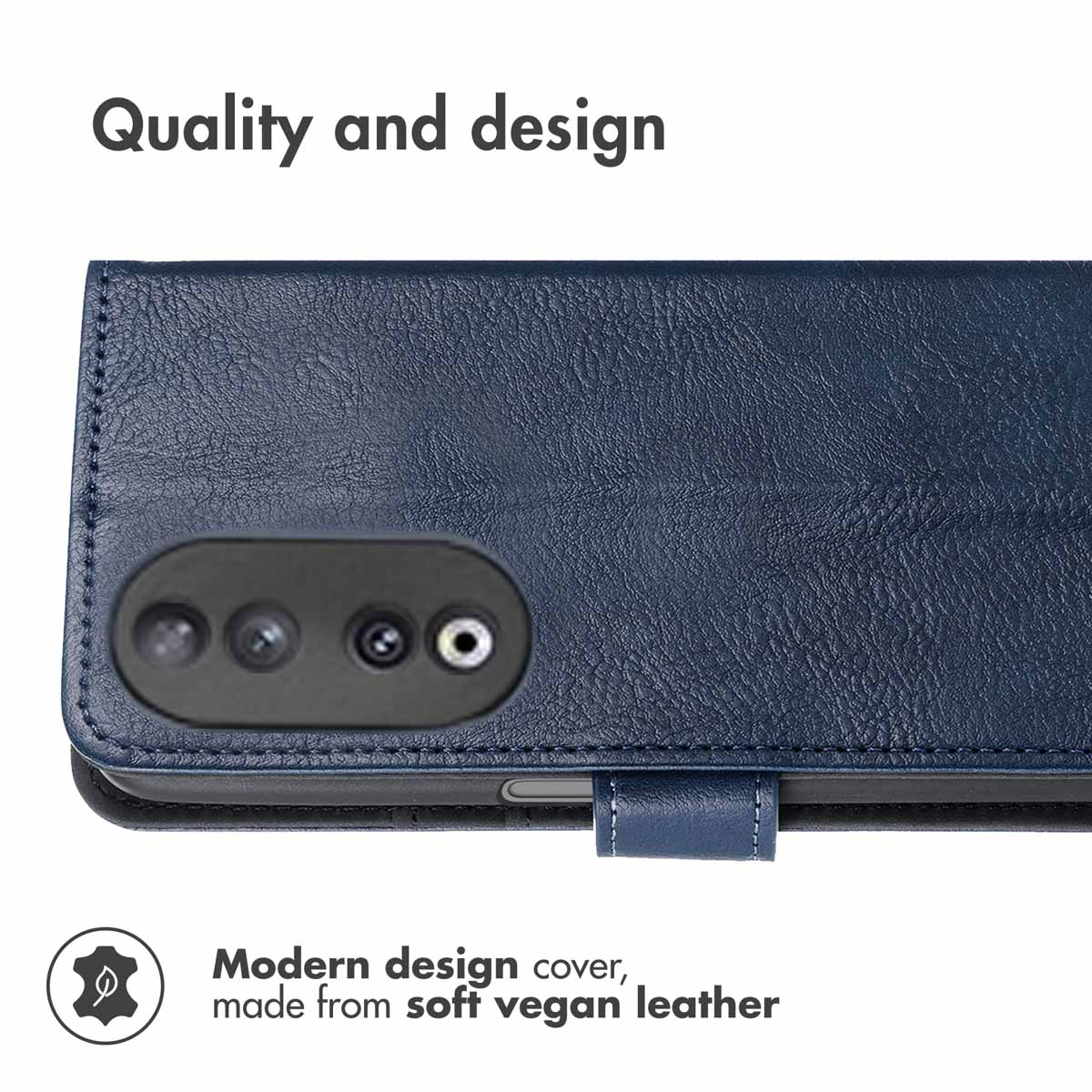 Blaue vegane Lederhülle für ein Smartphone mit sichtbaren Kameras.