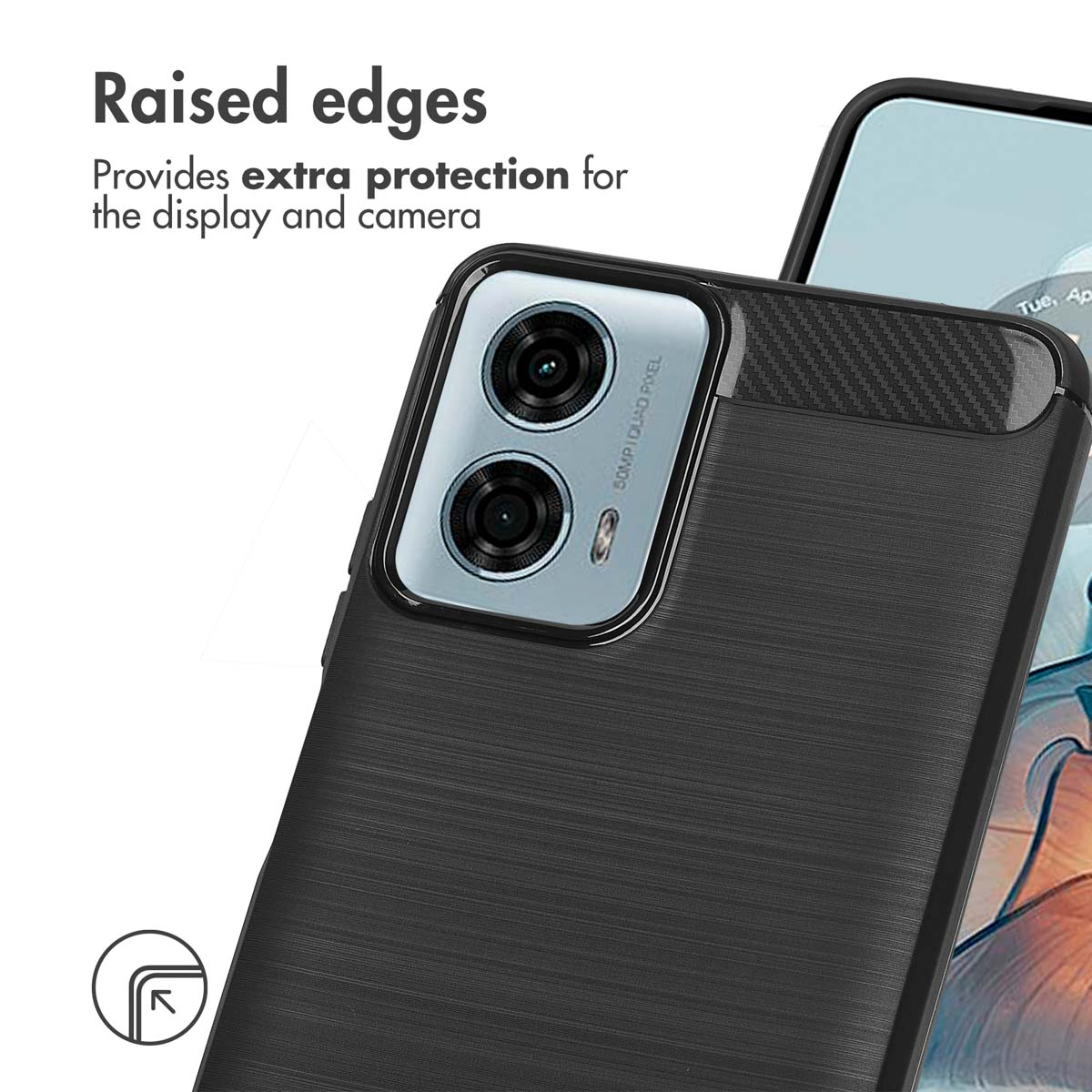 Eine schwarze Smartphone-Hülle mit gebürsteter Textur, Kohlefaser-Akzenten, erhöhten Kanten und Dual-Kamera.