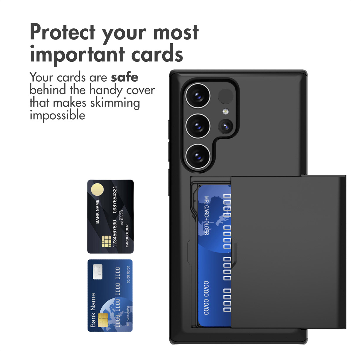 Schwarze Smartphone-Hülle mit Kartenfach auf der Rückseite und zwei Bankkarten.