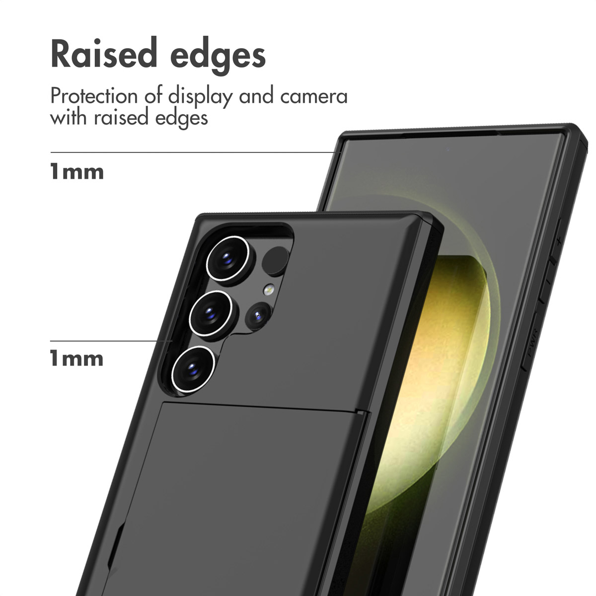 Diagramm zeigt 1mm erhöhte Kanten an Handydisplay und Kamera zum Schutz.