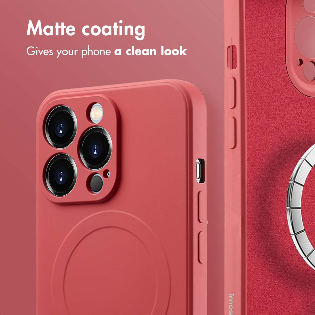 Custodia per smartphone rossa con rivestimento opaco e ritaglio per fotocamera su sfondo rosso.