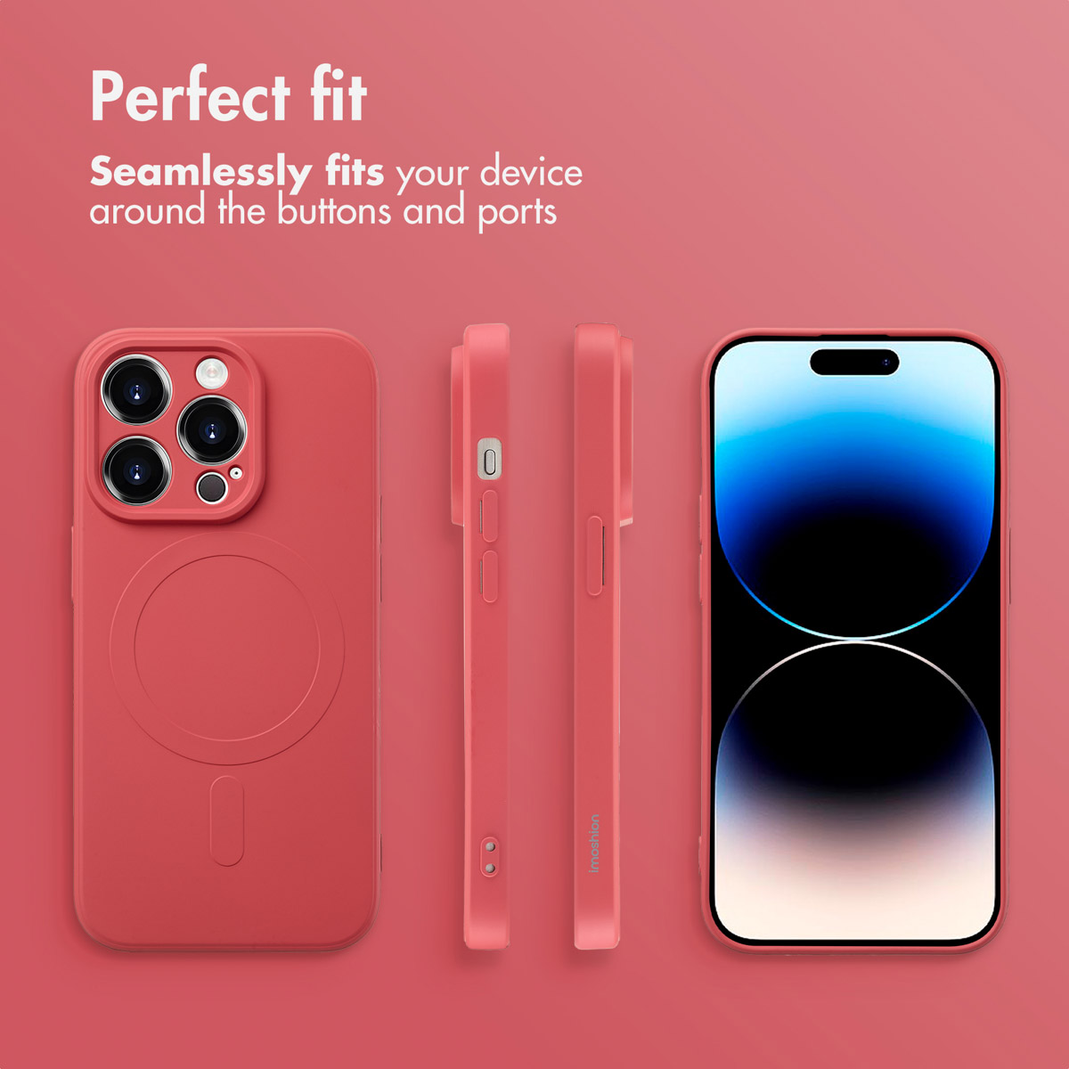 Custodita rossa per smartphone mostrata da diverse angolazioni su sfondo rosso.