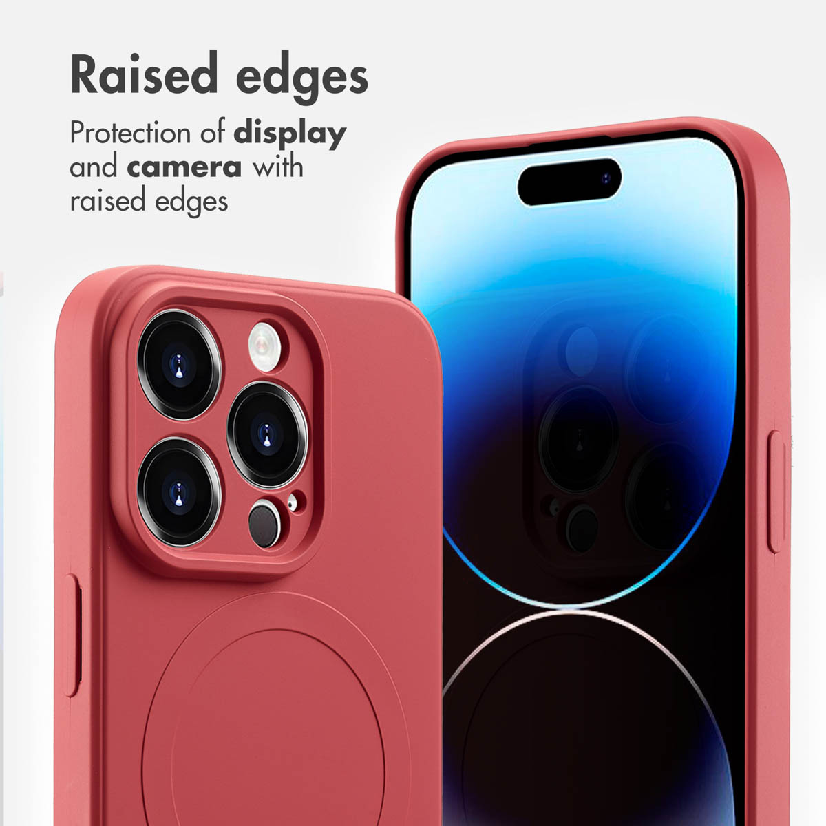 Custodia rossa per telefono con bordi rialzati per proteggere display e fotocamera.