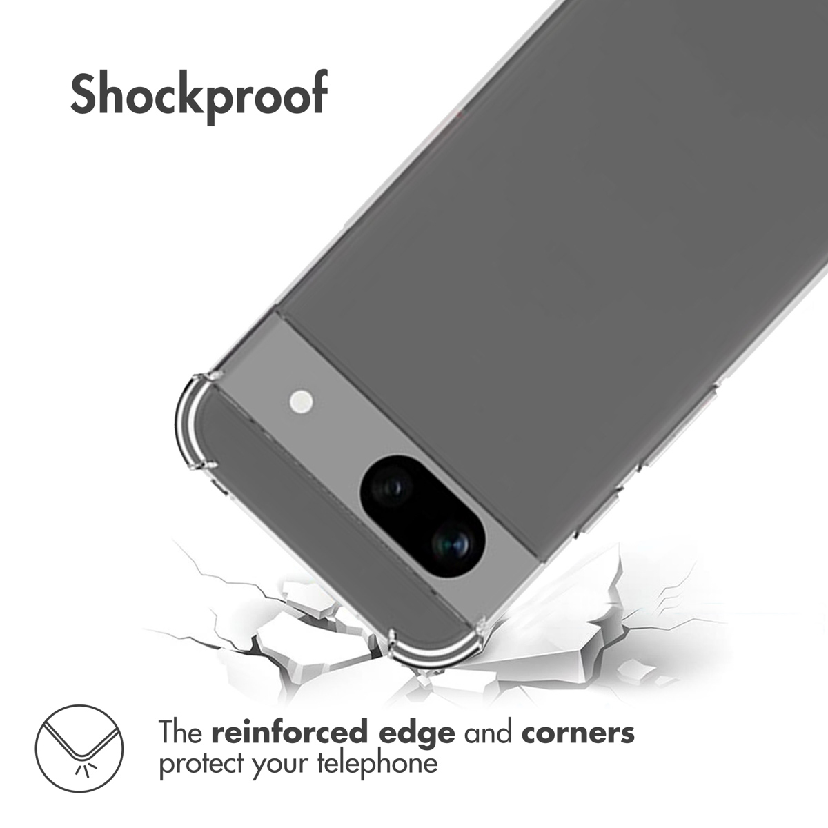 Un smartphone dans une coque antichar transparente au-dessus d'un sol craquelé, montrant les coins.