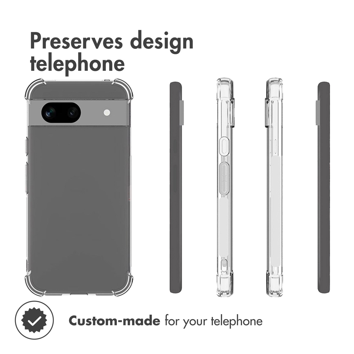 Coque de protection transparente montrant les vues avant, arrière et latérales du téléphone avec du texte.