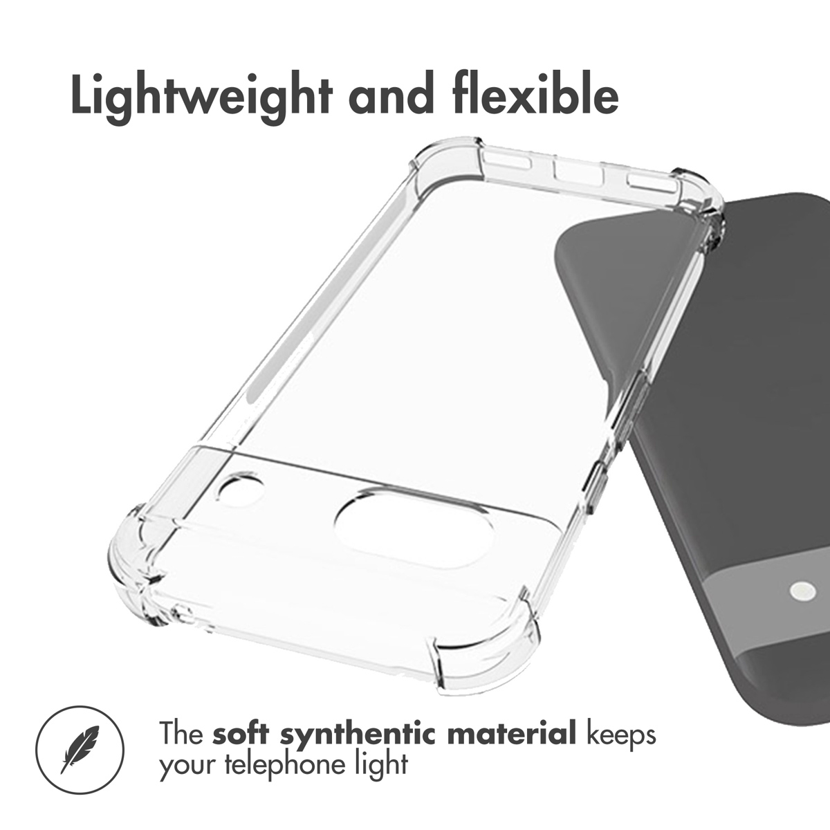 Une coque de téléphone transparente et flexible à côté d'un smartphone sur fond blanc avec du texte.