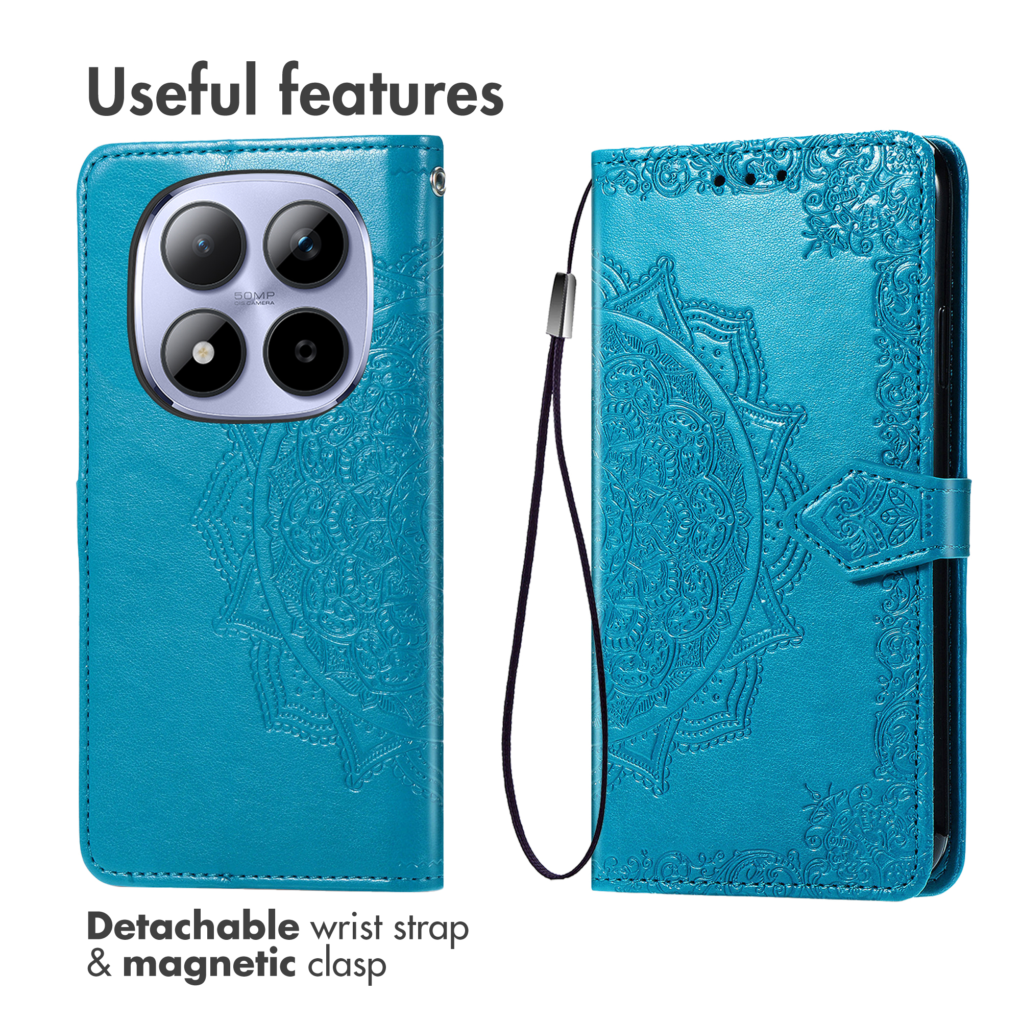 Custodia in pelle blu con mandala, cordino da polso, chiusura magnetica e fotocamera quadrupla.