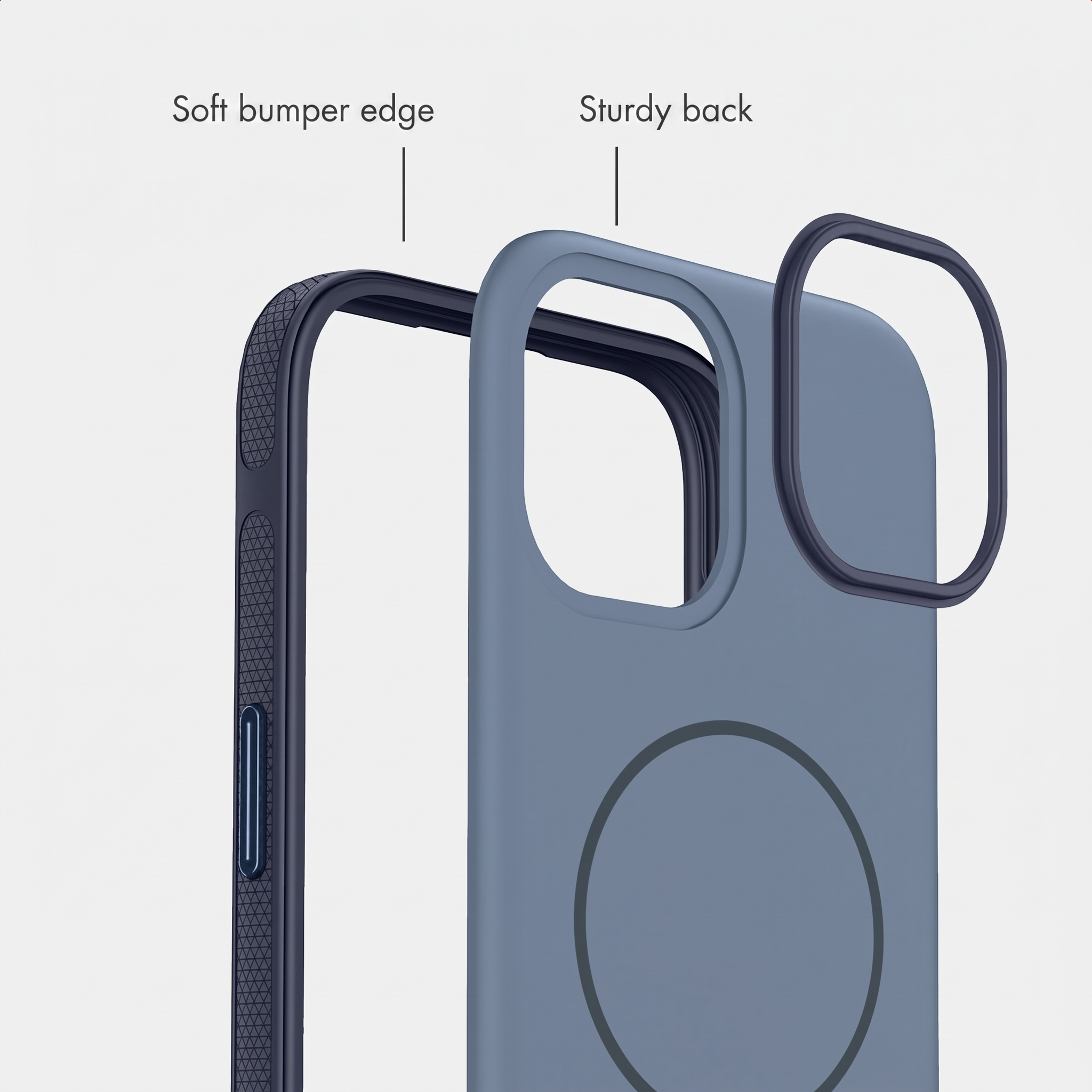 Diagram van telefoonhoesje met zachte rand en stevige achterkant.