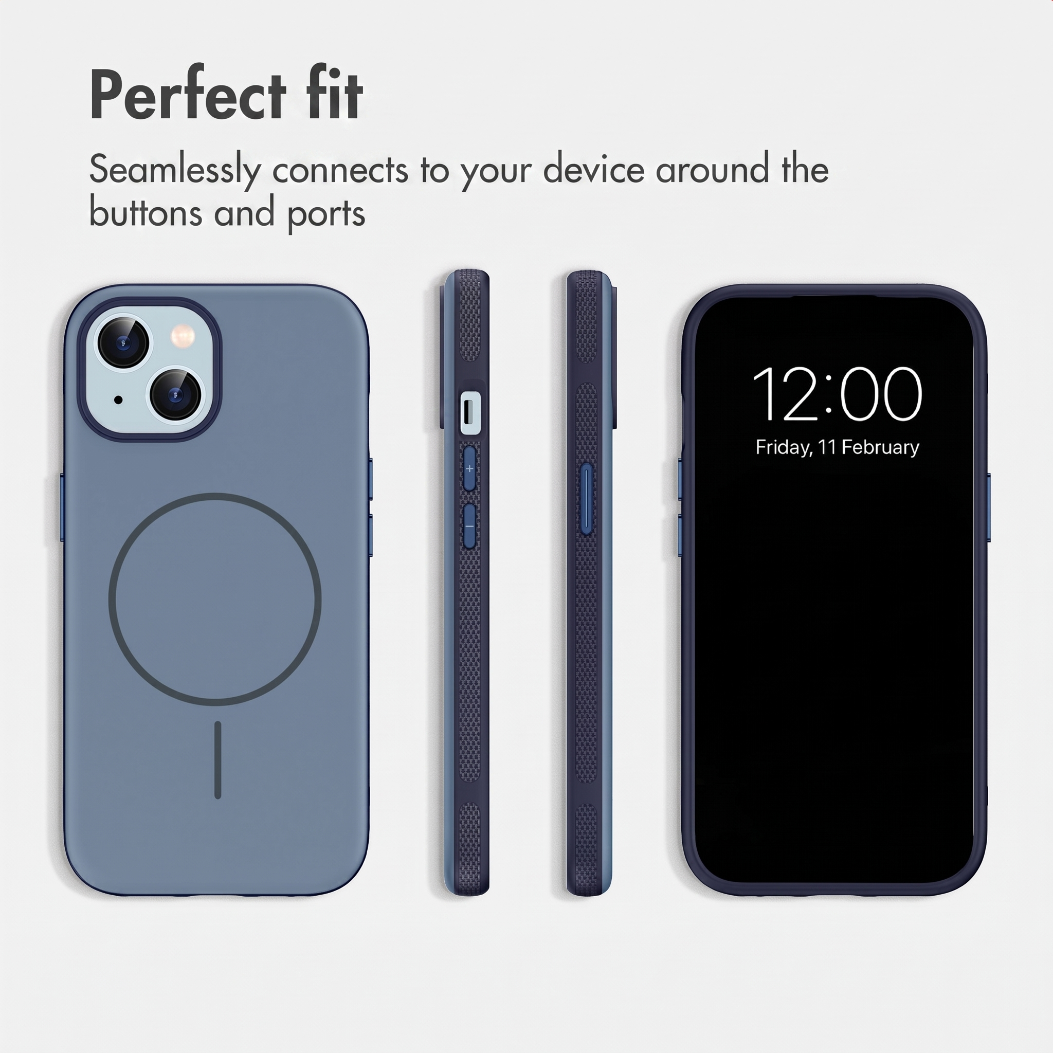 Vier weergaven van een blauw telefoonhoesje op een witte achtergrond met precieze uitsparingen.