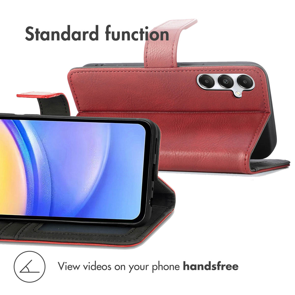 Una custodia a libro in pelle rossa per smartphone con funzione supporto.