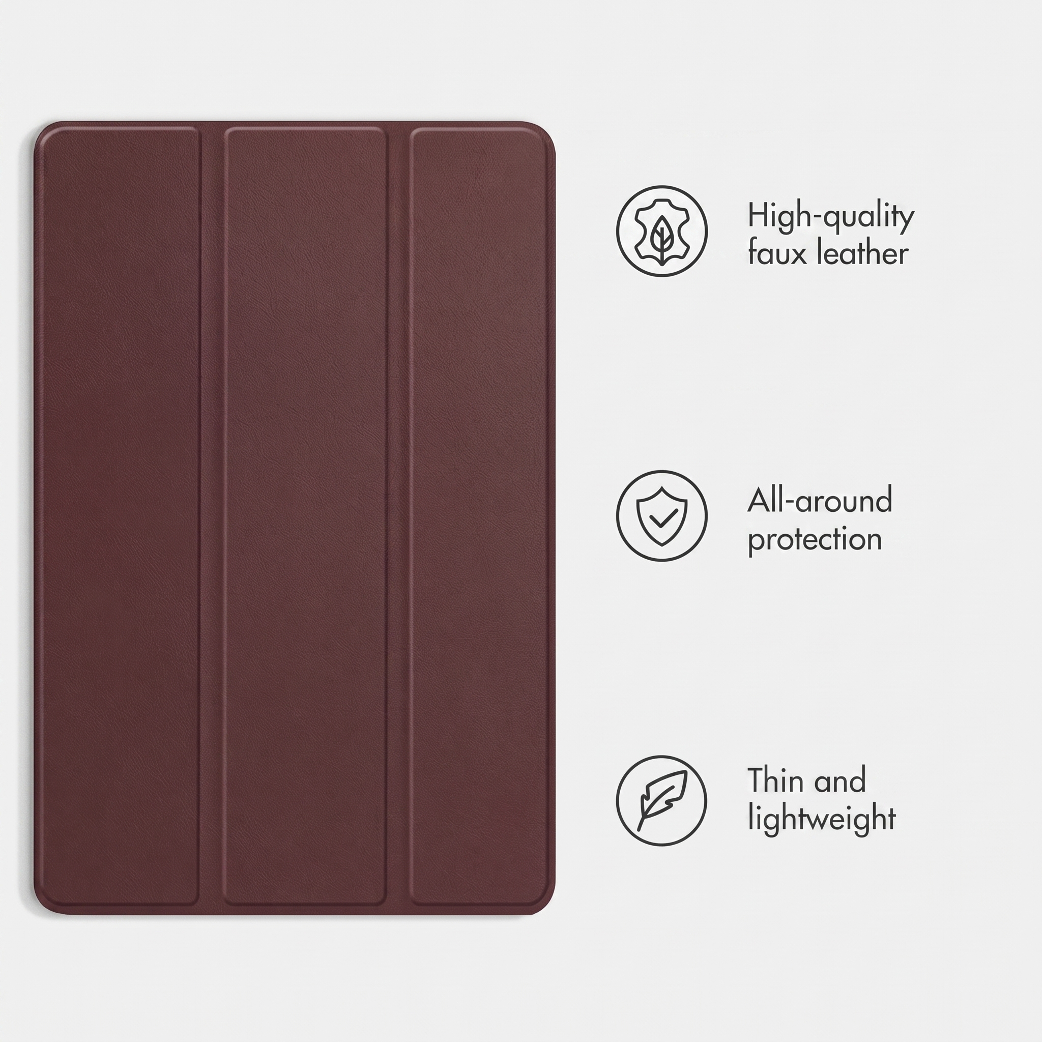 Custodia per tablet rosso scuro con tre icone di funzioni.
