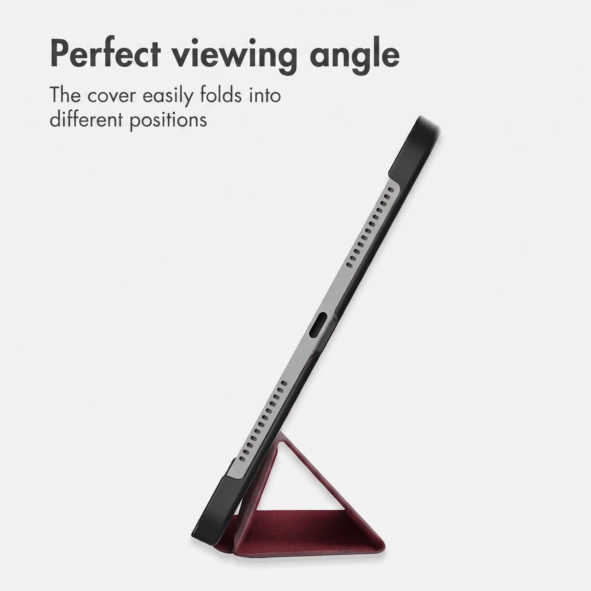 Un tablet in una custodia rossa inclinato. Il testo recita: Perfect viewing angle.
