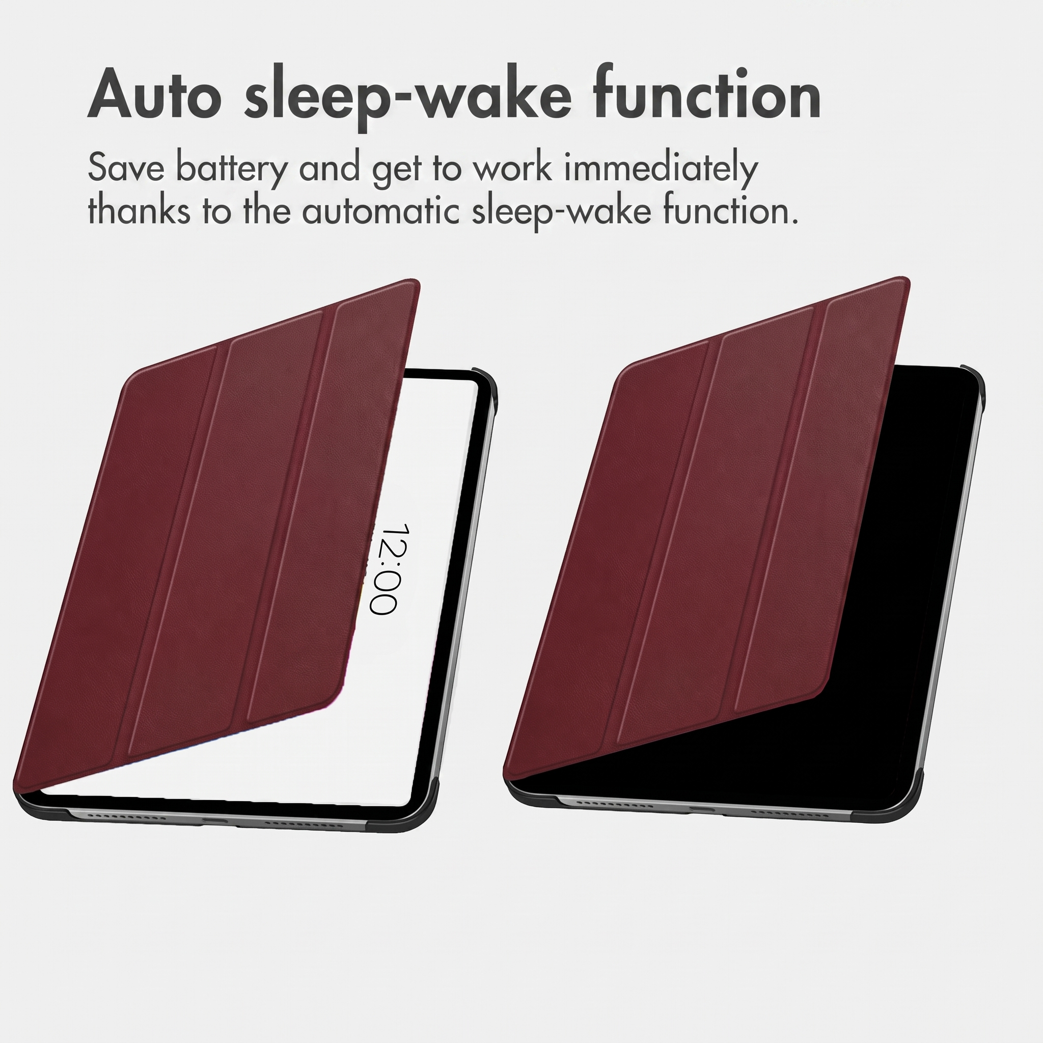 Due tablet con custodia bordeaux dimostrano la funzione di sospensione automatica.