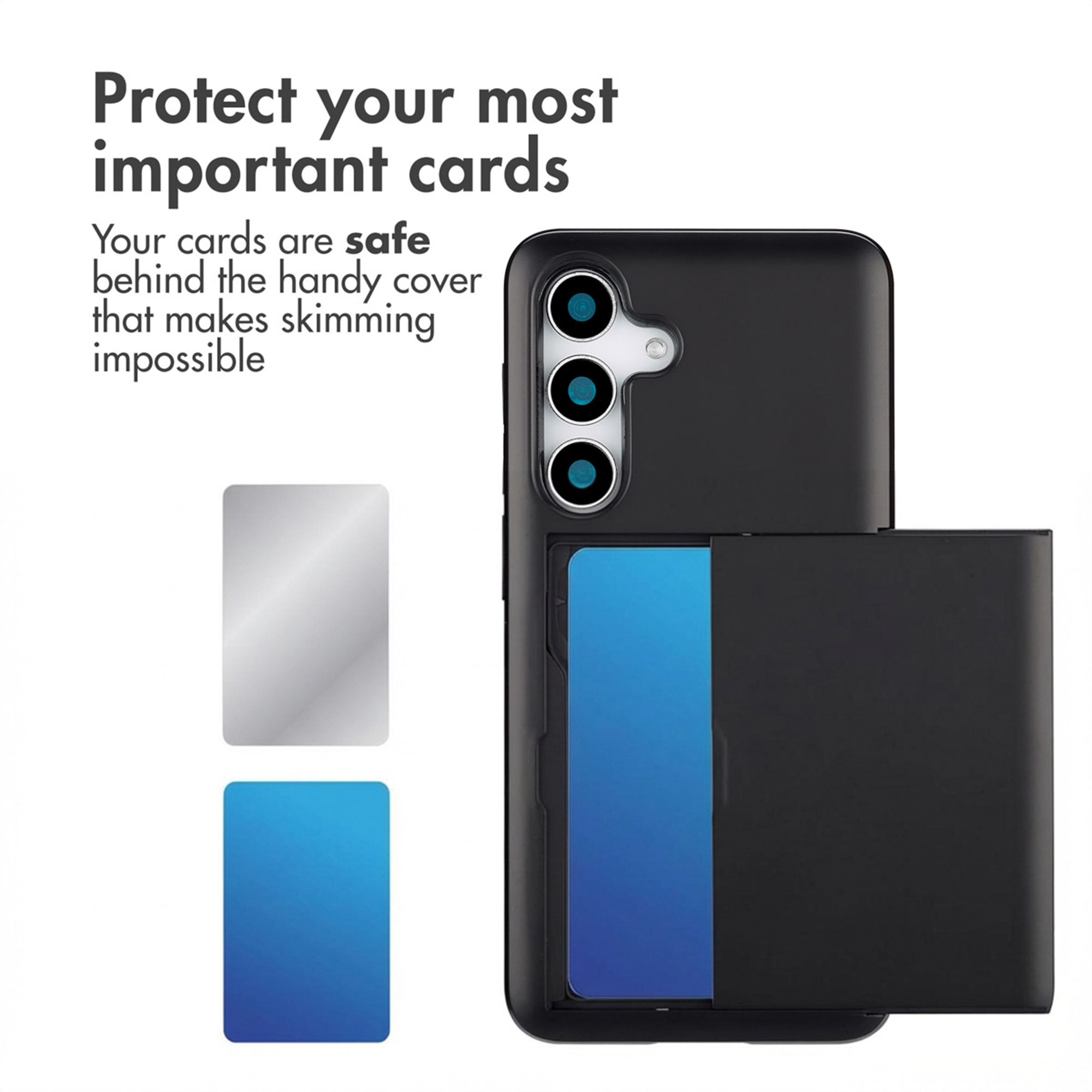 Custodia per smartphone nera con porta carte integrato e testo protettivo su sfondo bianco.