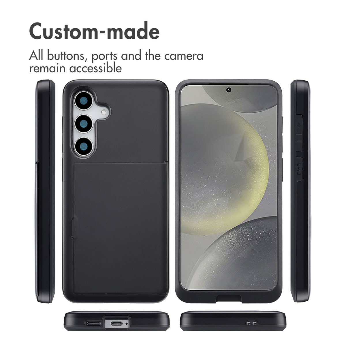 Custodia nera per smartphone da più angolazioni, che evidenzia il design personalizzato, i fori per la fotocamera e i tasti.