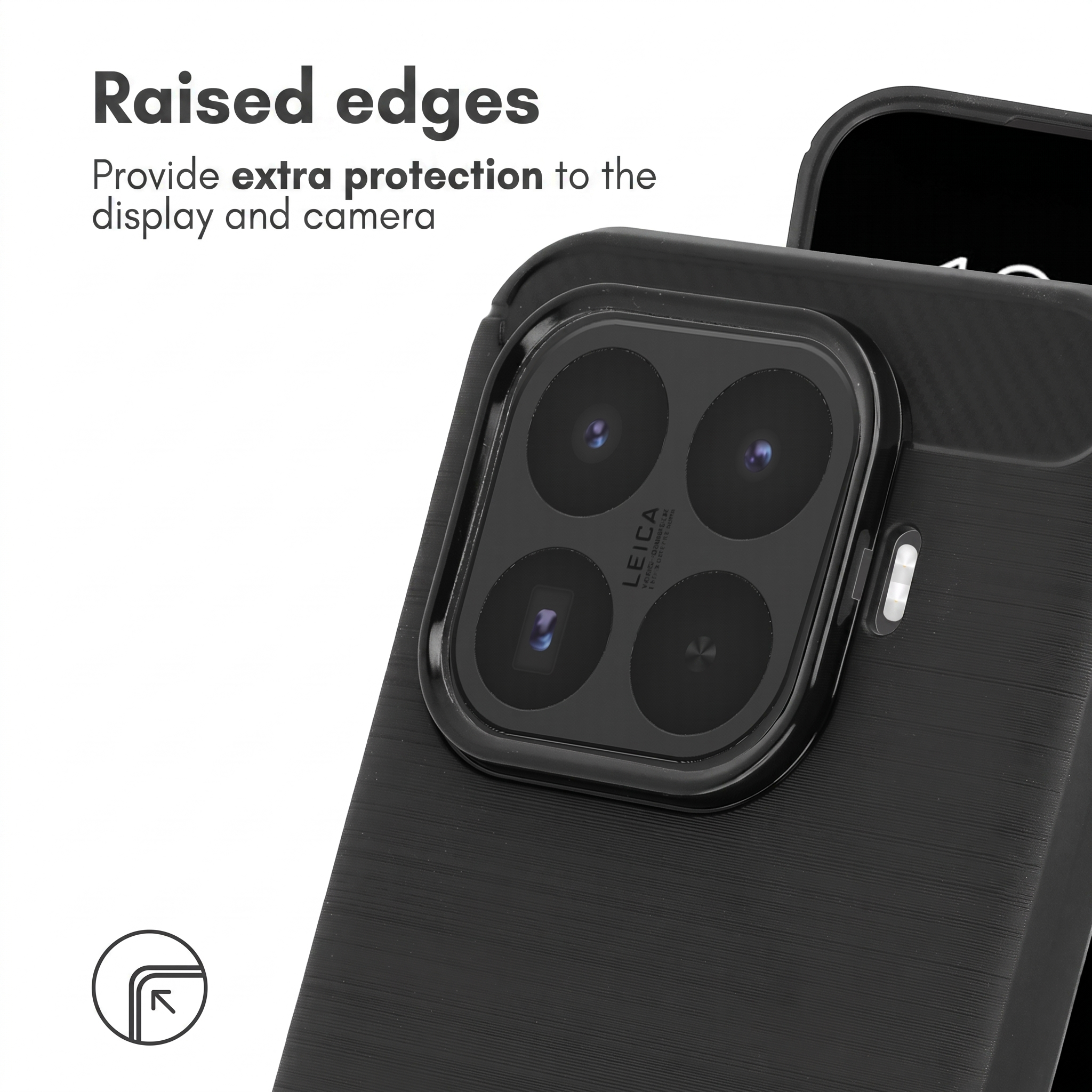 Primer plano de una funda de móvil negra con un borde elevado para la cámara y el texto Leica.
