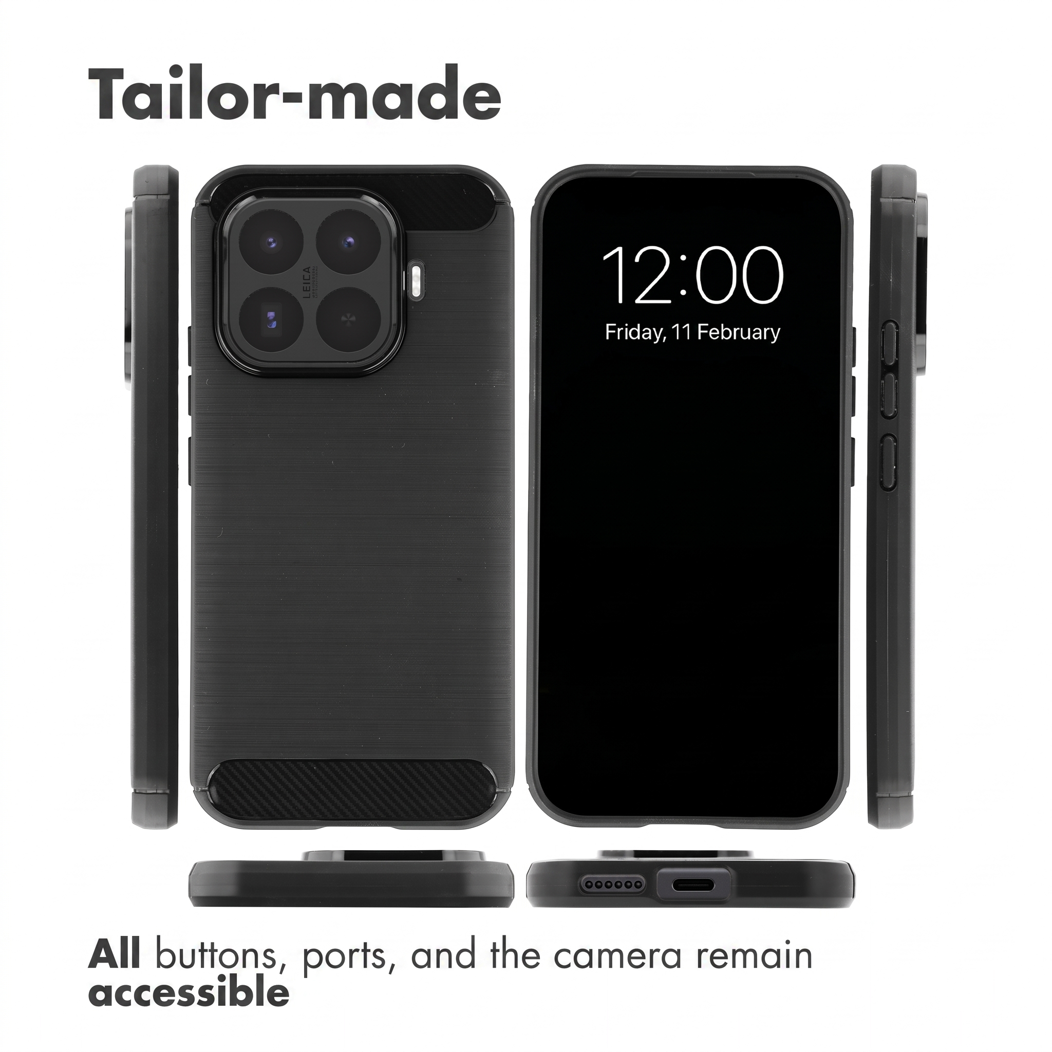 Varias vistas de una funda de teléfono negra con texto Hecho a medida y Todos los botones y puertos siguen siendo accesibles.