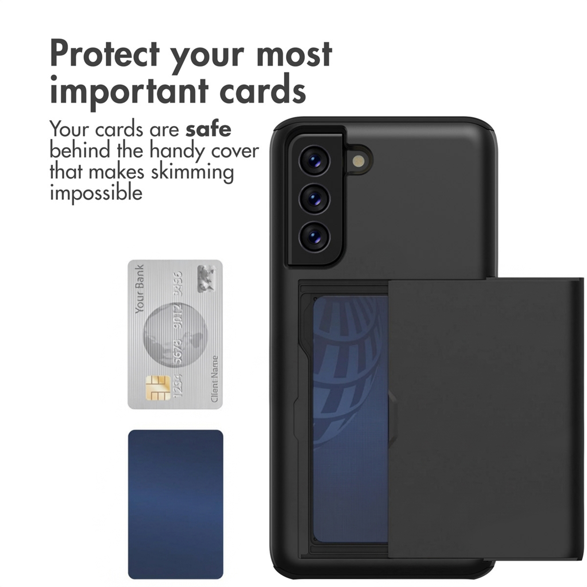 Coque de téléphone noire avec porte-cartes intégré et deux cartes de crédit à côté.