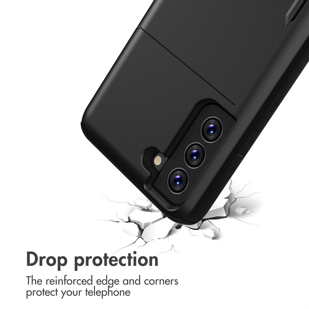 Une coque de smartphone noire frappe une surface fissurée, démontrant une protection antichute.