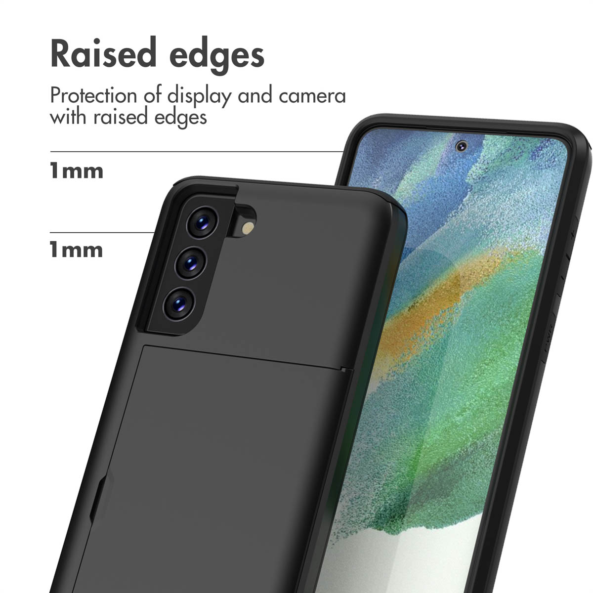 Coque de téléphone noire avec bords surélevés de 1 mm pour protection.