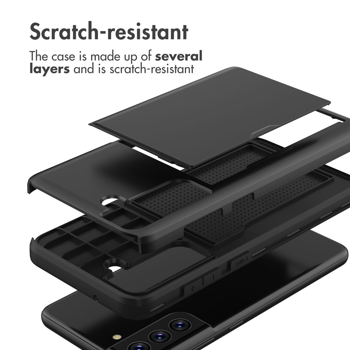 Vue éclatée d'une coque de smartphone noire et résistante aux rayures avec plusieurs couches.