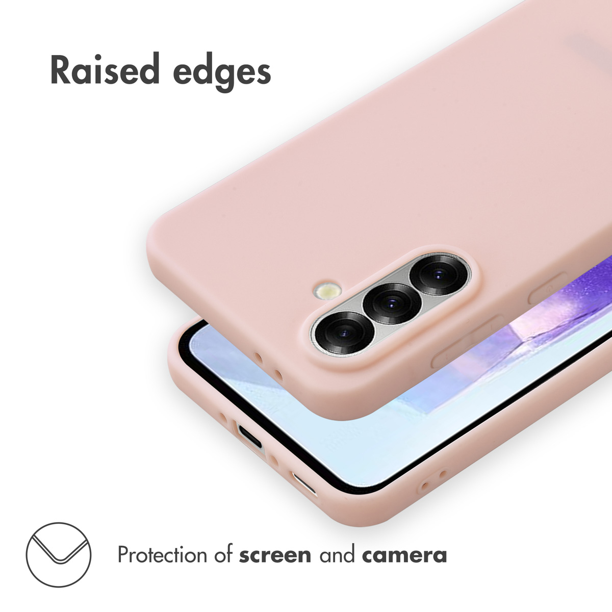 Una custodia rosa poggiata su uno smartphone mostra bordi rialzati.