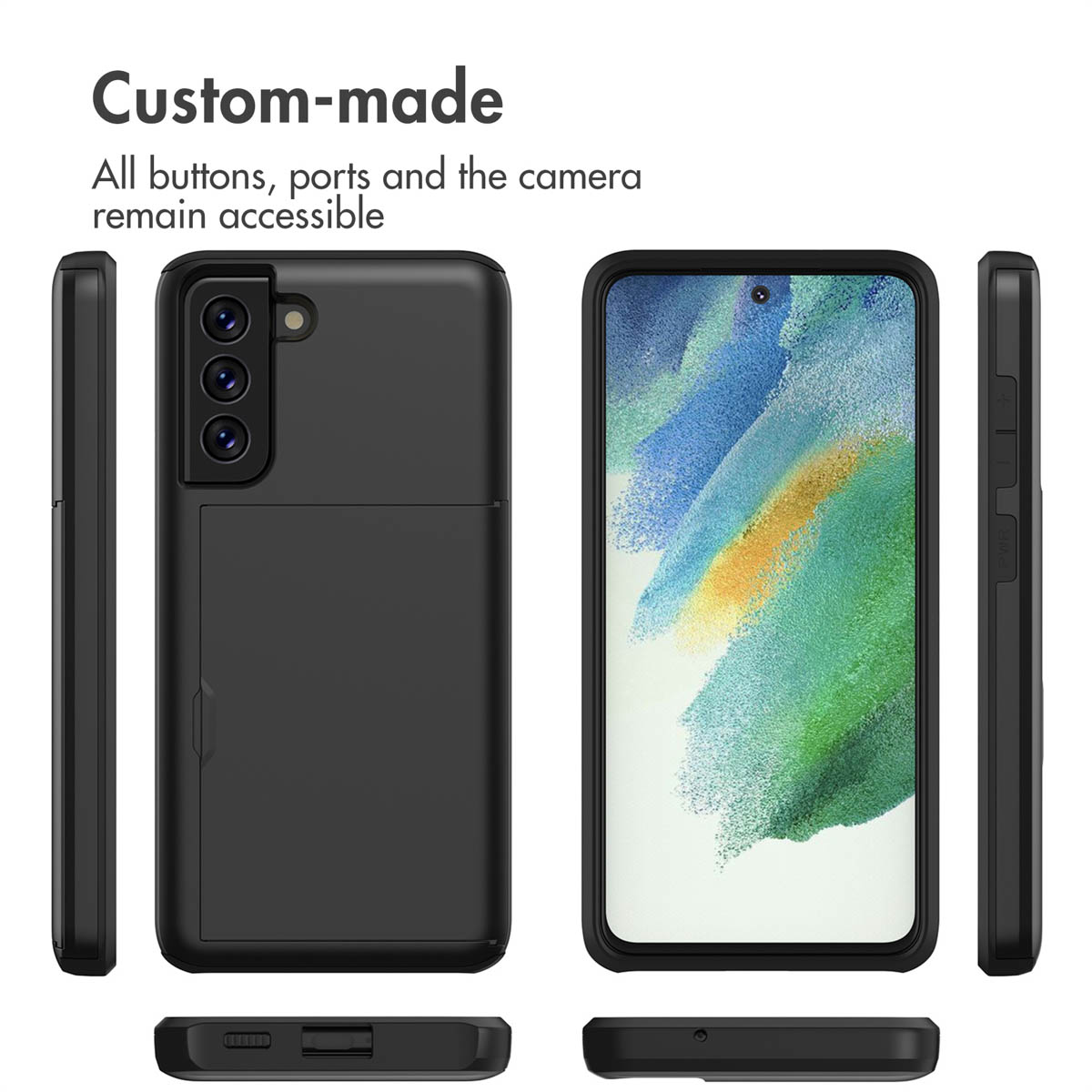 Plusieurs vues d'une coque de smartphone noire avec un porte-cartes à l'arrière.
