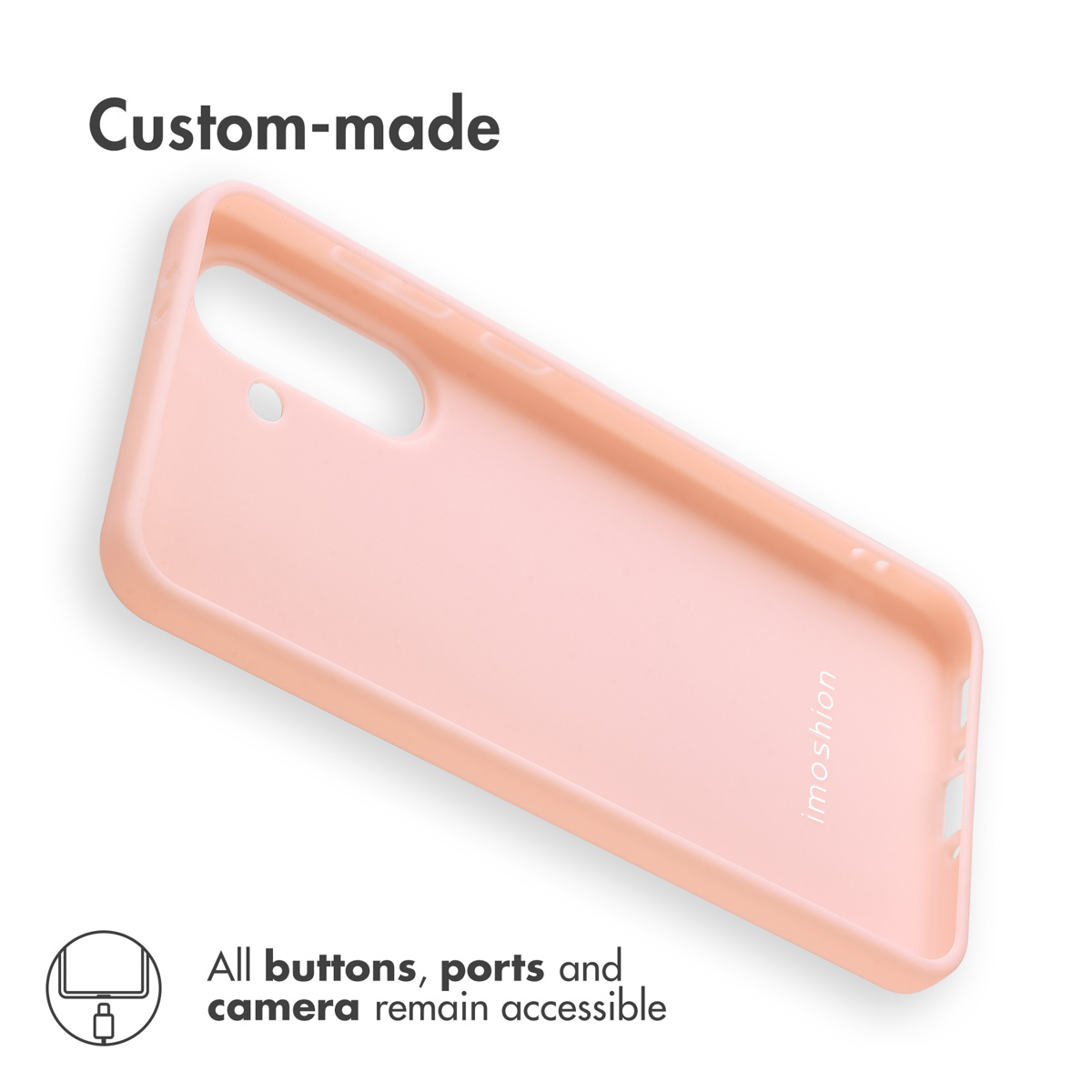 Una custodia rosa in silicone per smartphone con ritagli precisi per fotocamera e porte su sfondo bianco.