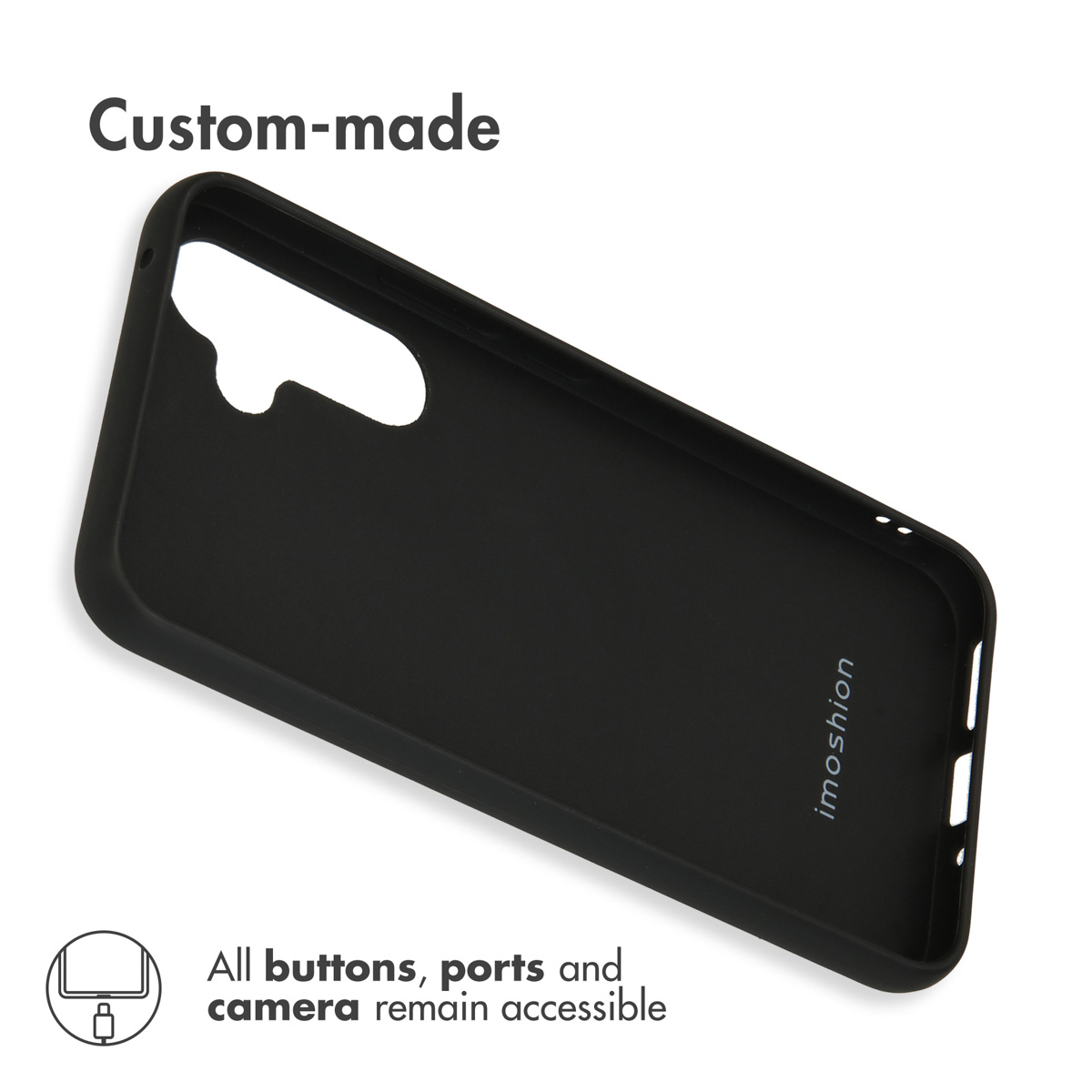 Une coque de protection noire sur mesure pour smartphone sur fond blanc avec du texte.