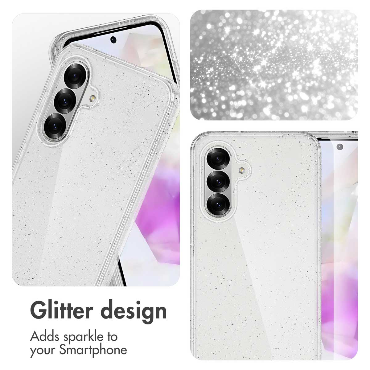Funda transparente para móvil con diseño brillante, tres cámaras traseras y fondo de textura blanca brillante.