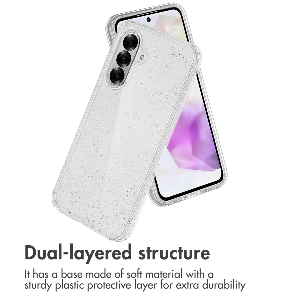 Funda transparente brillante para smartphone con diseño de doble capa y aberturas.