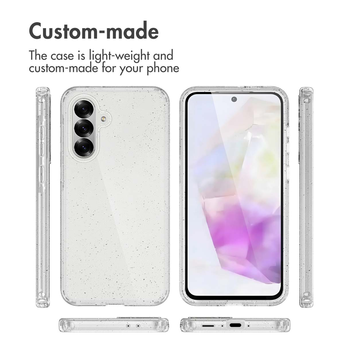 Múltiples ángulos de una funda protectora transparente y brillante para teléfono.