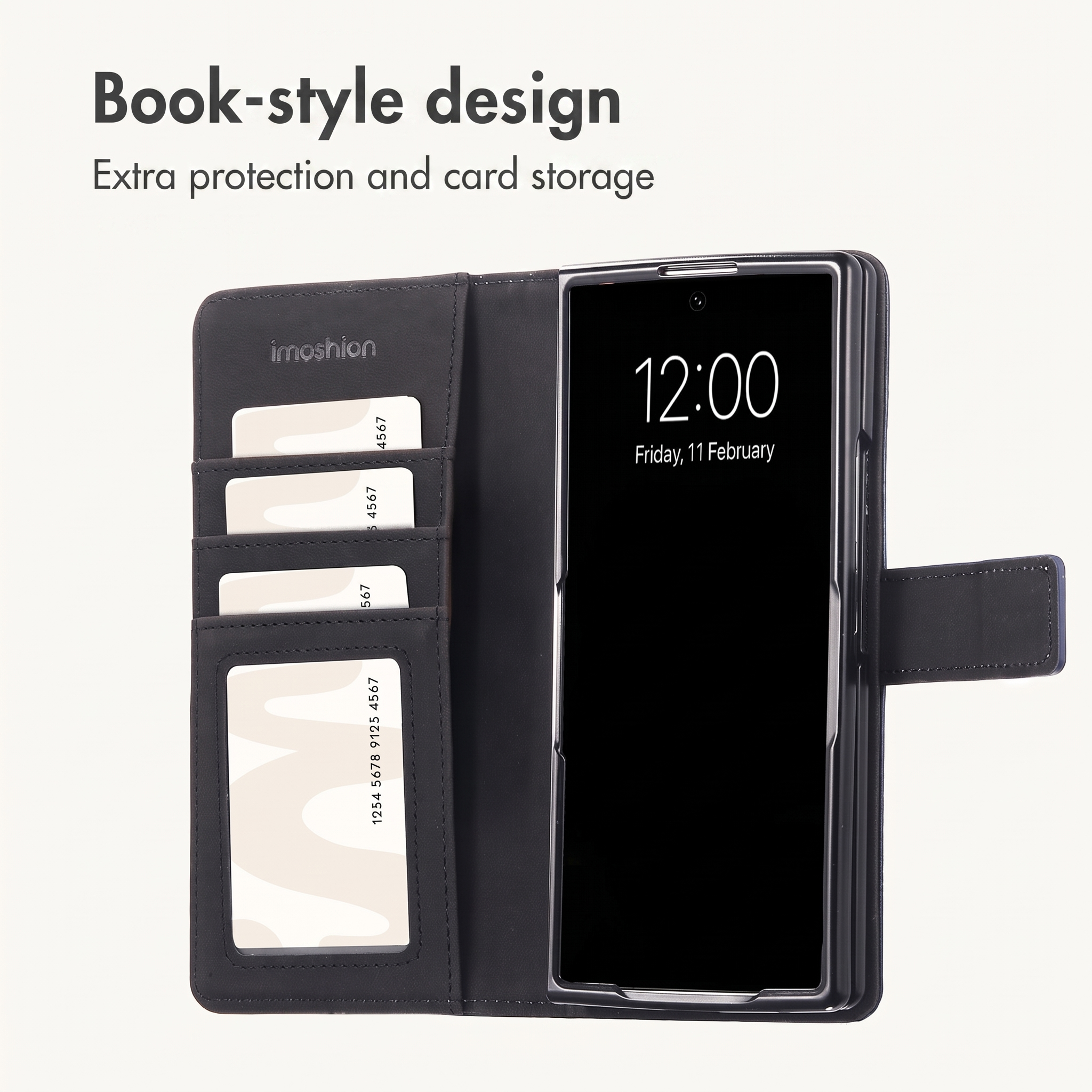 Étui pour smartphone style livre avec fentes pour cartes et support intégré sur fond clair.