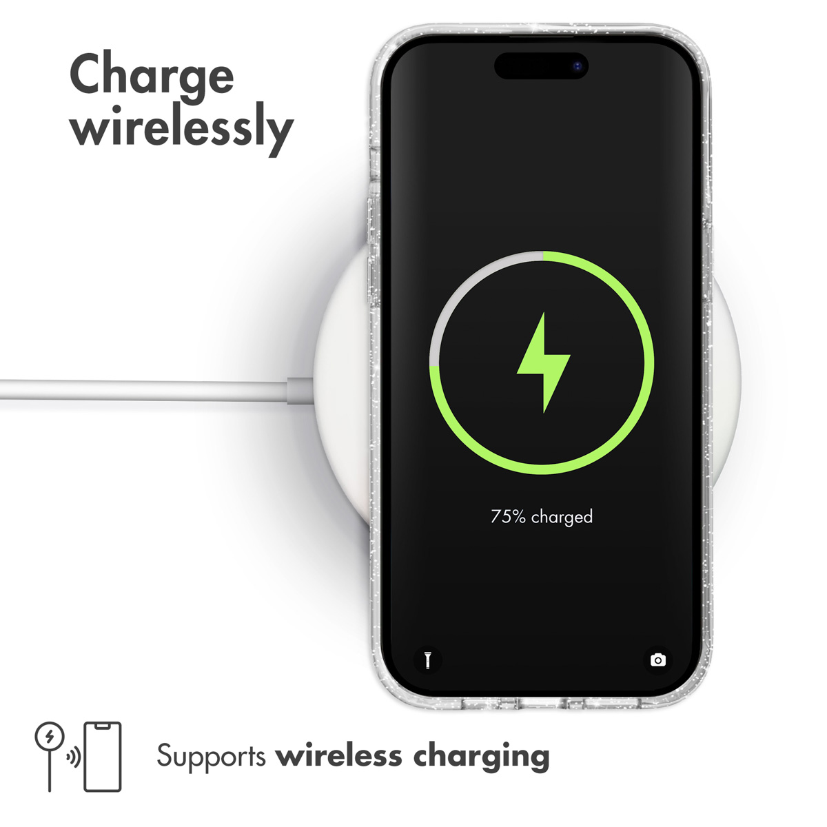 Smartphone en base blanca con 75% de carga y texto "Charge wirelessly".