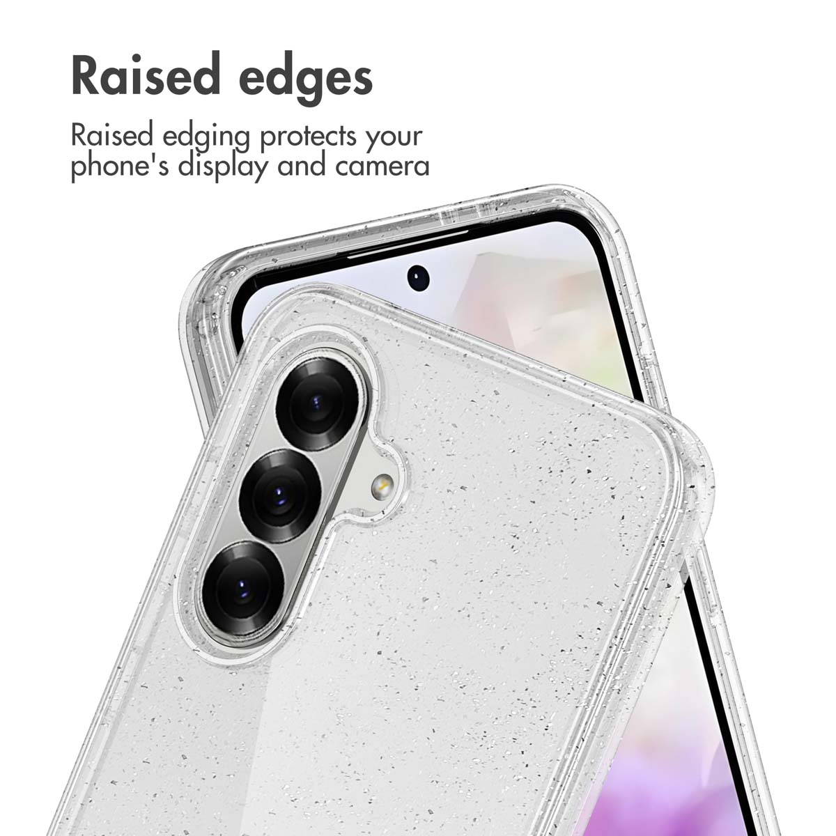 Una funda protectora transparente en un teléfono con bordes elevados para proteger la pantalla y la cámara.